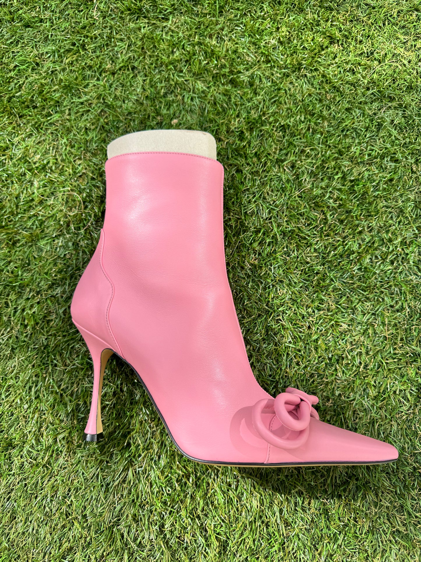 Mach & Mach Double Bow Pink Leather Pointed Toe Boots Booties