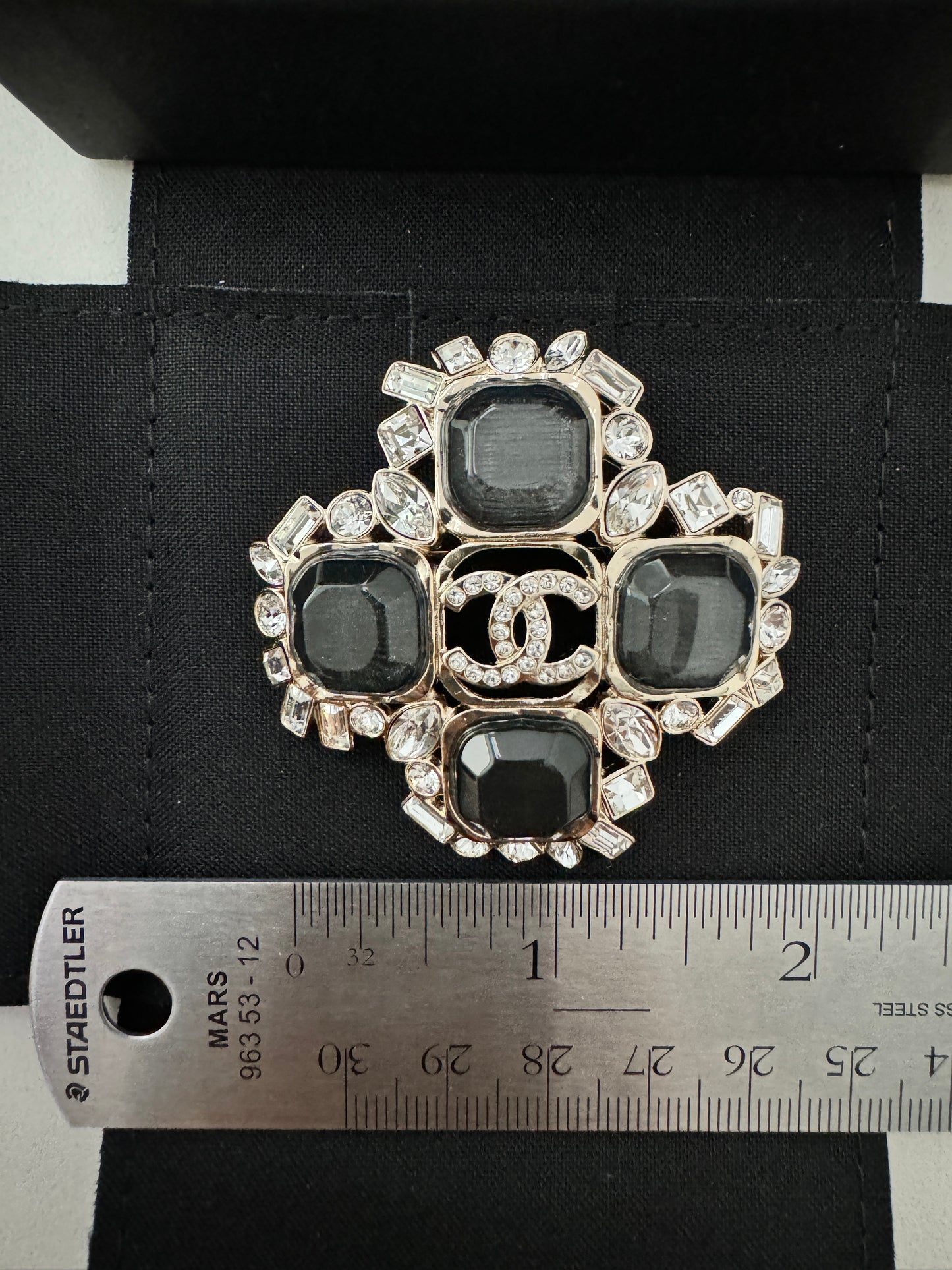 CHANEL CC 23P LARGE CLASSIC CROSS SHIELD BADGE BROOCH GOLD GRAY BLACK CRYSTALS