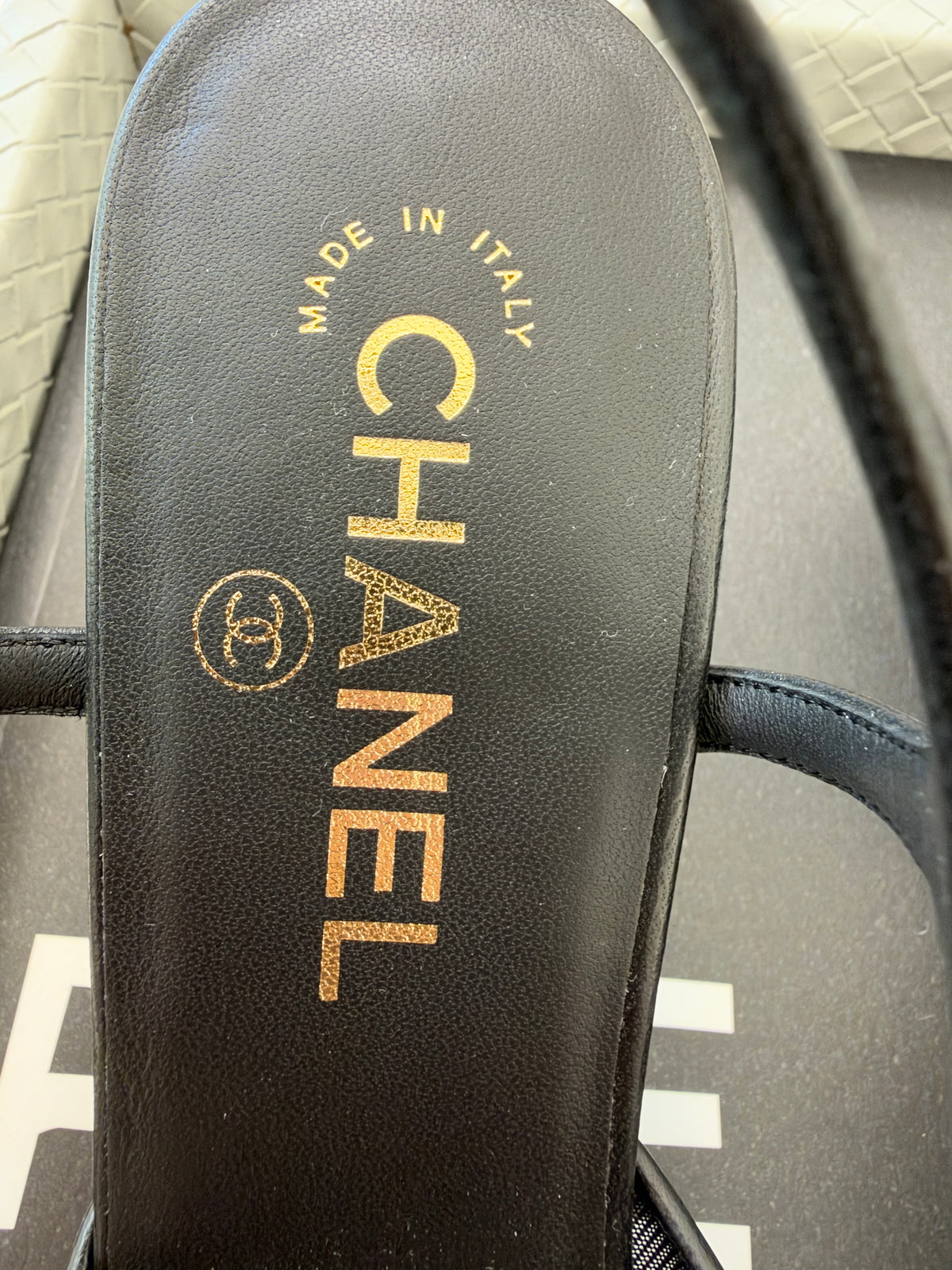 CHANEL 26 BLAZY BLACK MESH LAMBSKIN OPEN TOE CC LOGO SANDALS HEELS SHOES