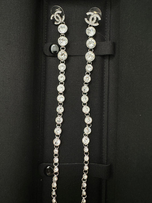 Chanel 23S Strass CC Logo Silver Crystal Stud Long Drop Chain Dangle Earrings