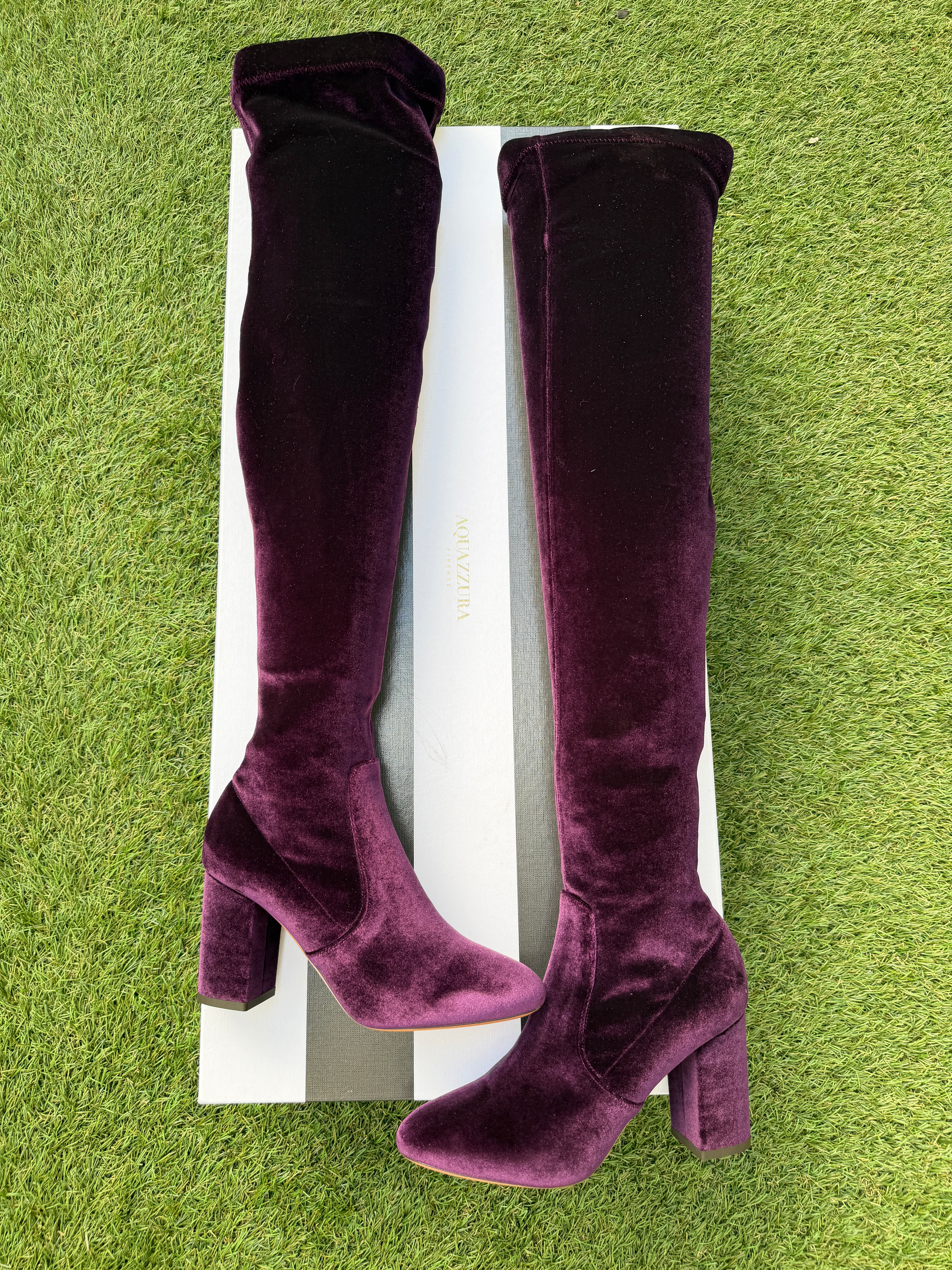 AQUAZZURA VELVET 85 THIGH HIGH PURPLE SO ME ZIP OVER KNEE BOOT