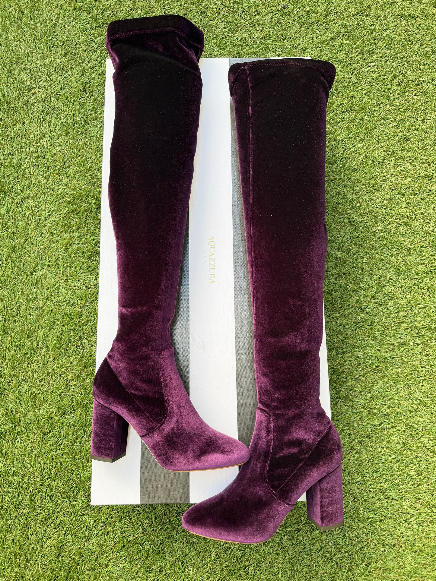 AQUAZZURA VELVET 85 THIGH HIGH  PURPLE SO ME ZIP OVER KNEE BOOT BOOTS