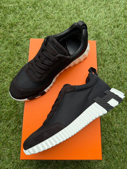 HERMES BOUNCING BLACK MESH/ SUEDE WHITE SOLE TRAINERS FASHION SNEAKERS