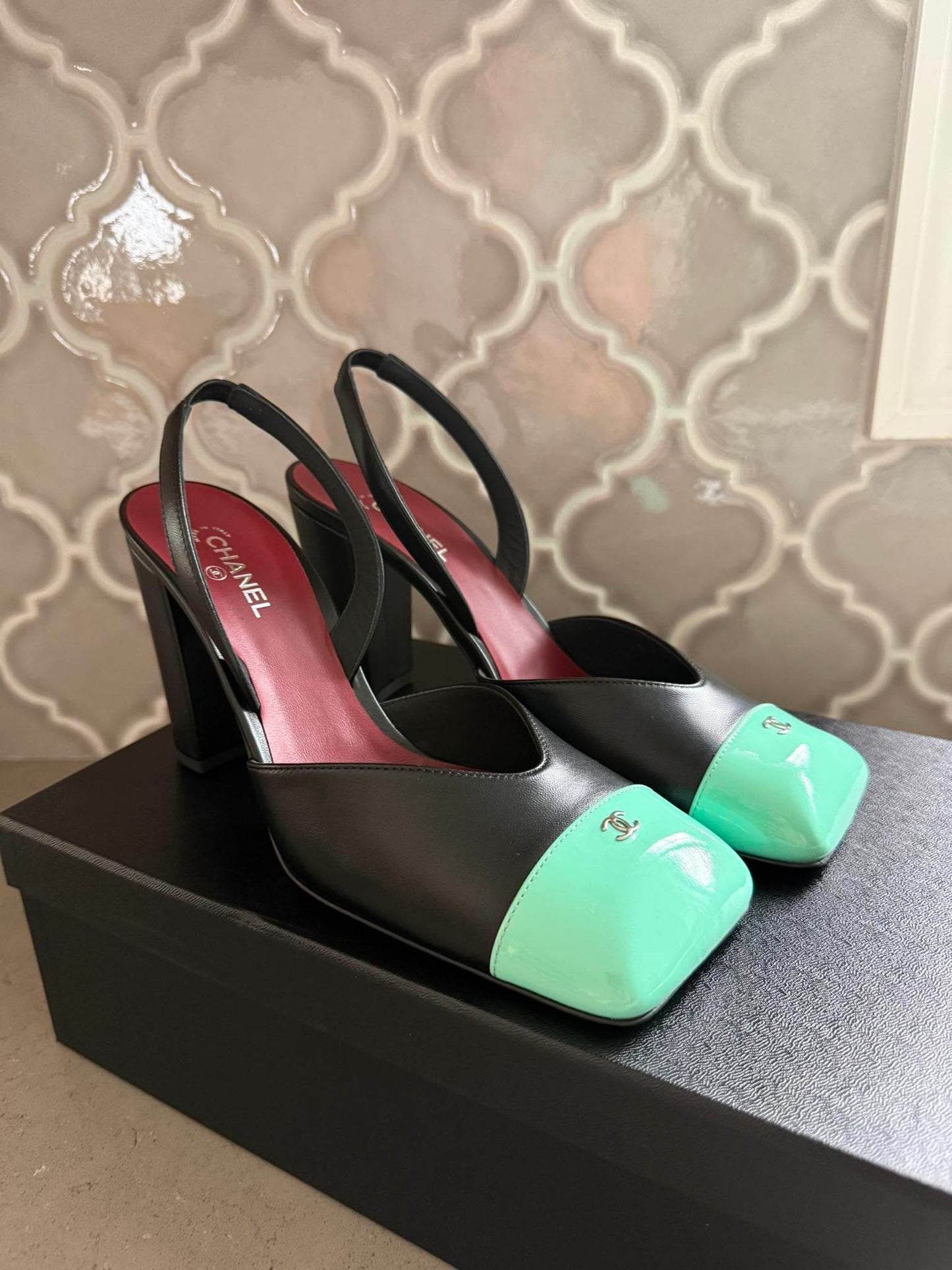 Chanel 26S Blazy Black Green Minty Square Cap Toe Sling CC Slingback Chunky Heel Pumps