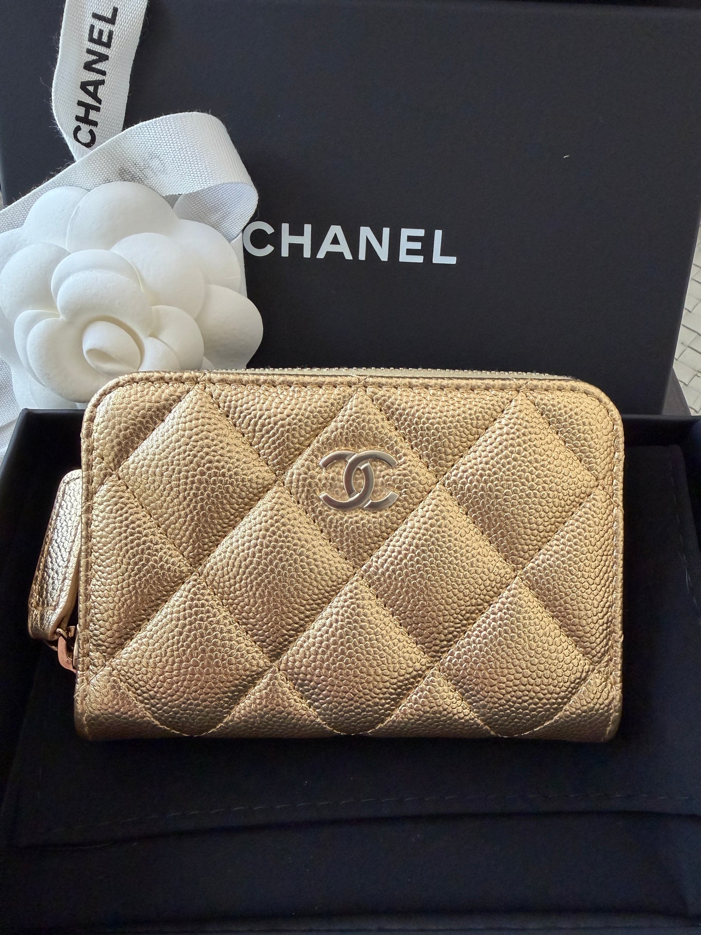 Chanel 26 Classic Zipped Zip Coin Purse Caviar Leather Gold Dore Metallic Wallet