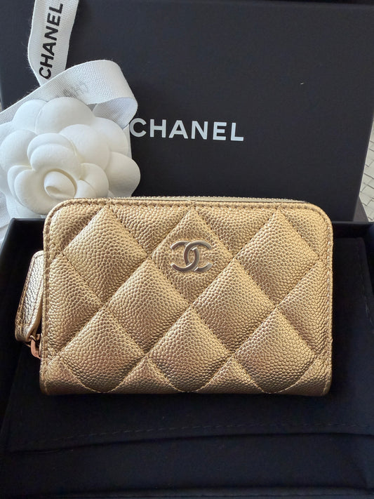 Chanel 26 Classic Zipped Zip Coin Purse Caviar Leather Gold Dore Metallic Wallet