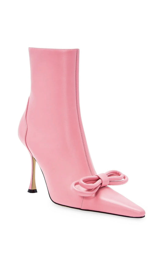 Mach & Mach Double Bow Pink Leather Pointed Toe Boots Booties