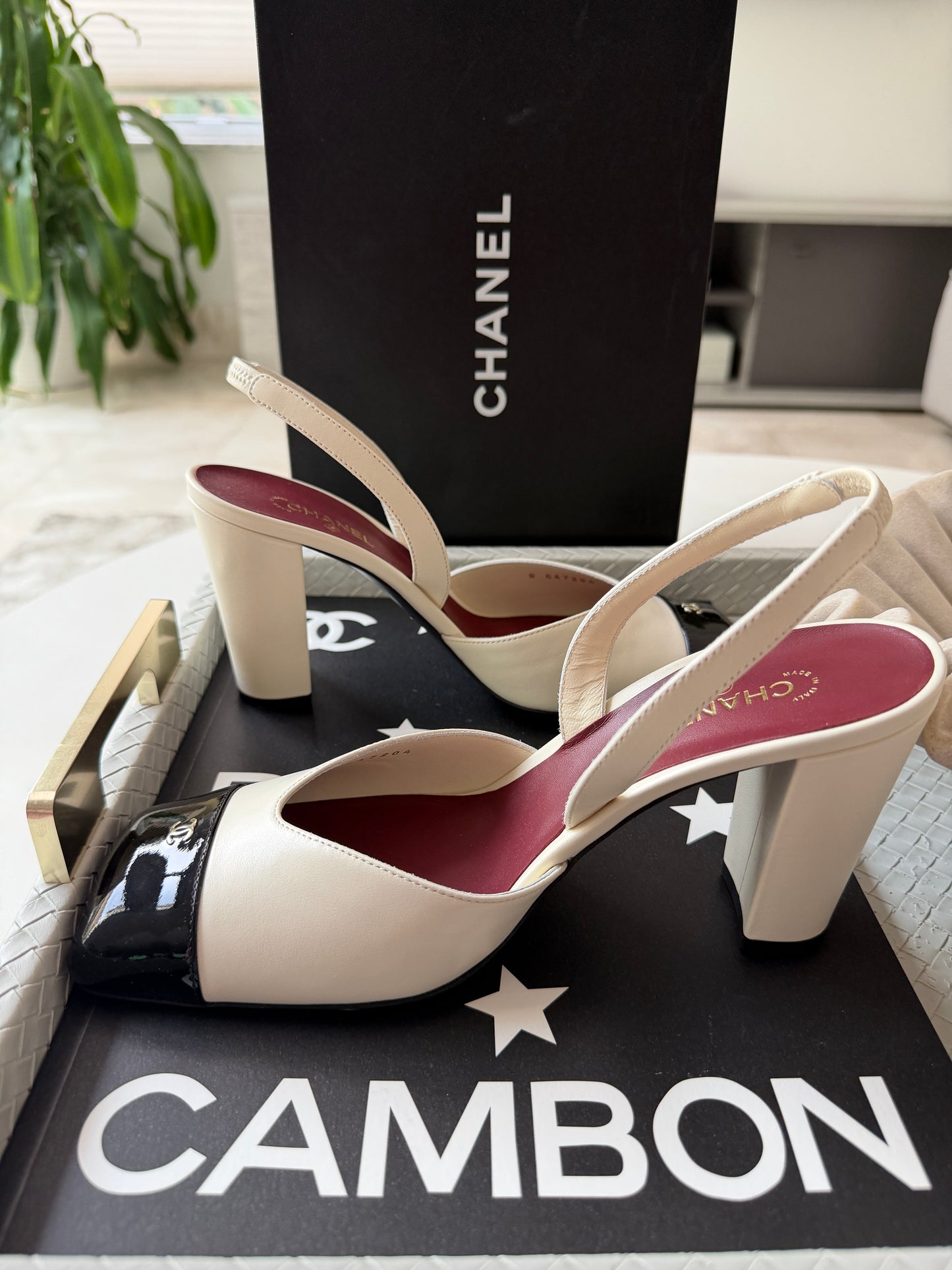 Chanel 26S Blazy Ivory Ecru Black Square Cap Toe Sling CC Slingback Chunky Heel Pumps