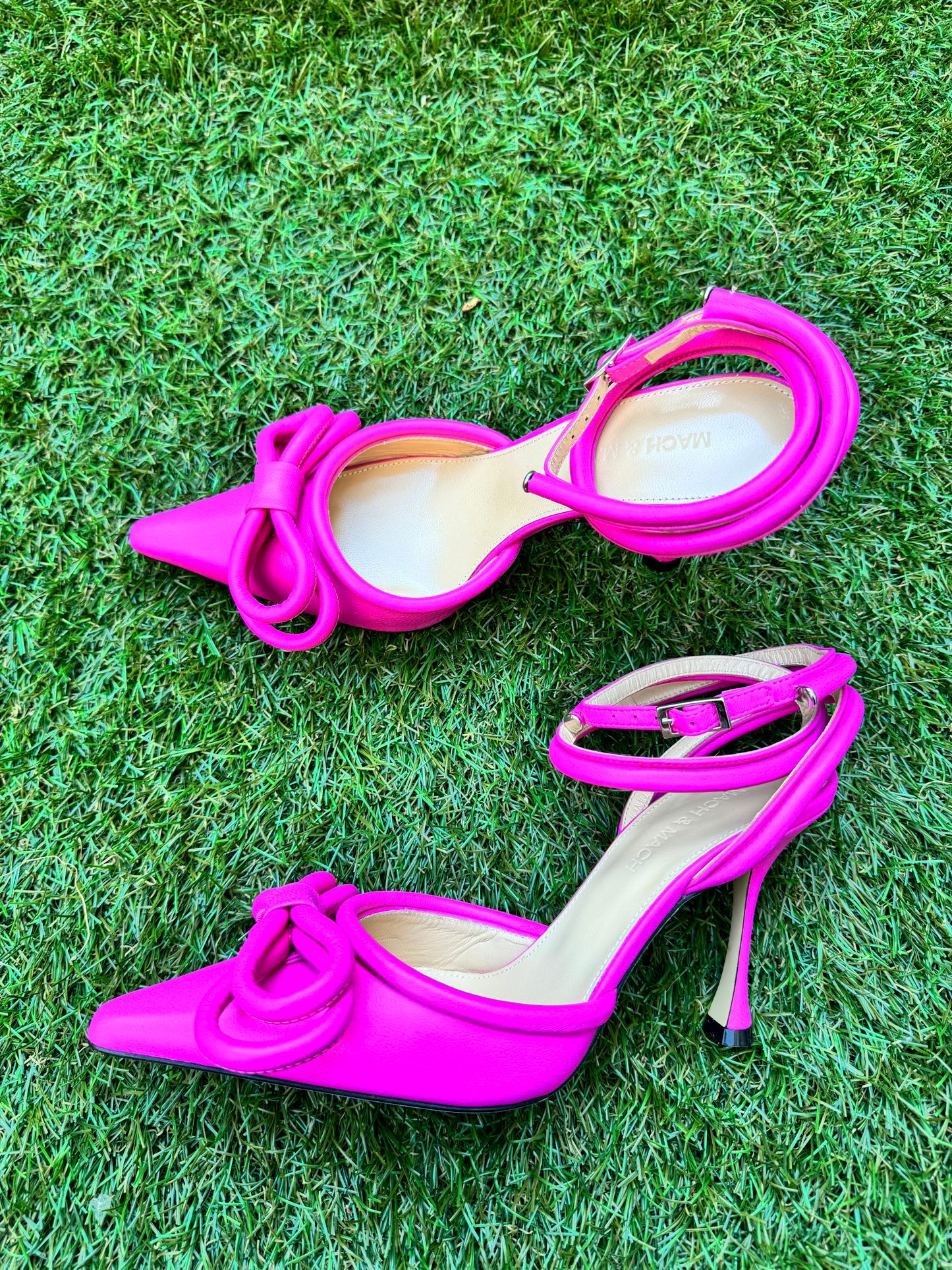 Mach & Mach Double Bow Hot Pink Fuchsia Leather Pointed Toe Ankle Strap Sandals Heels Shoes