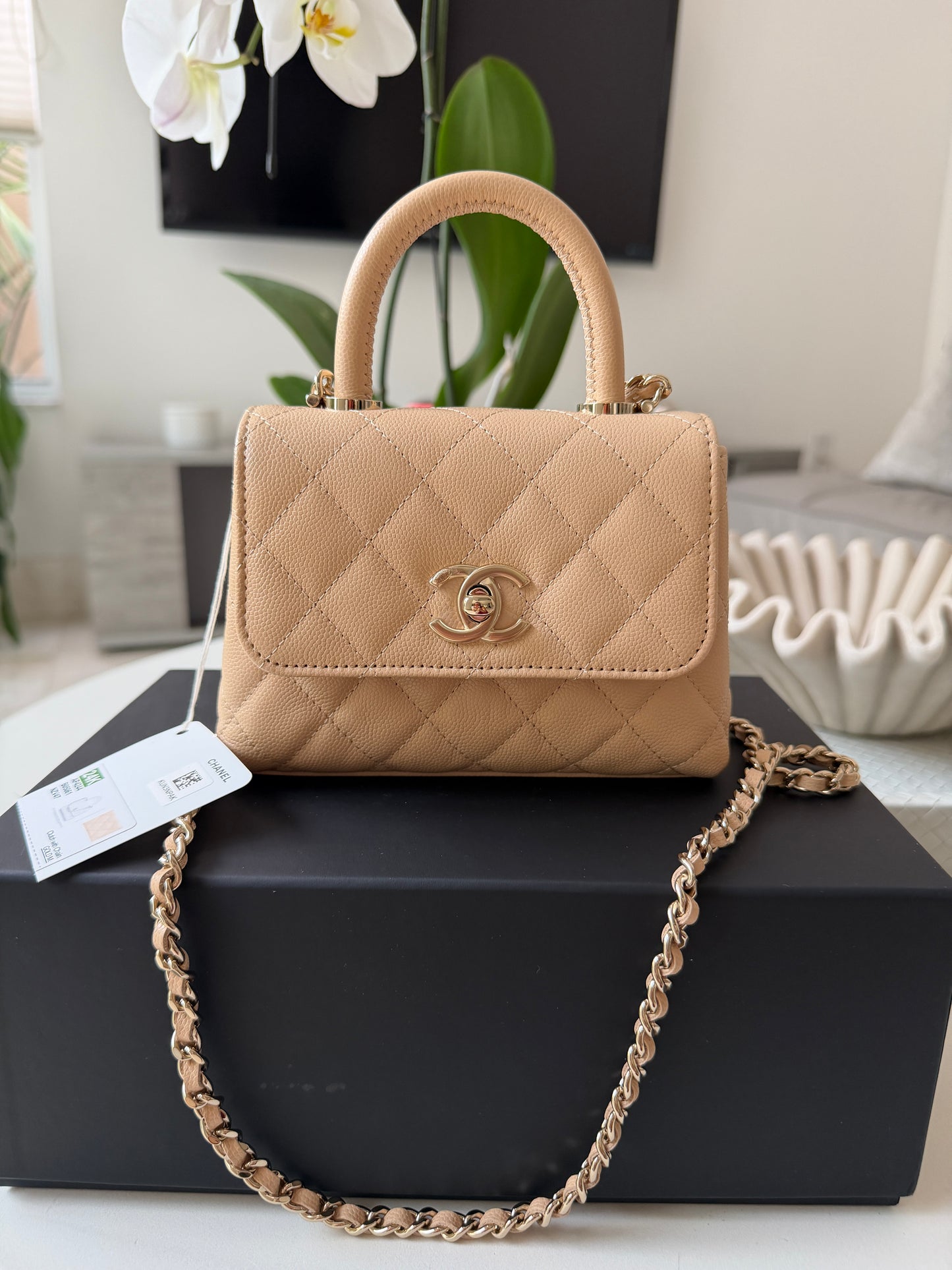 Chanel 24K AP4244 Micro Coco Handle Extra Mini Classic Flap Bag Beige Caviar Clutch with Chain Gold HW