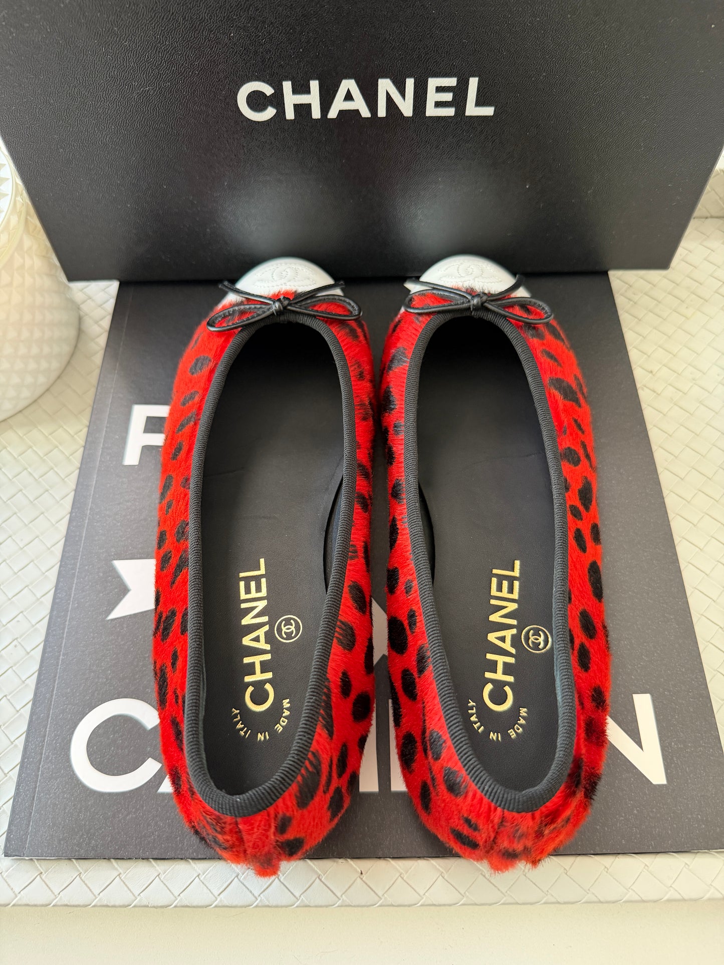 Chanel MÉTIERS D’ART 26 Red Orange Black White Pony Hair Animal Print Ballet Flats