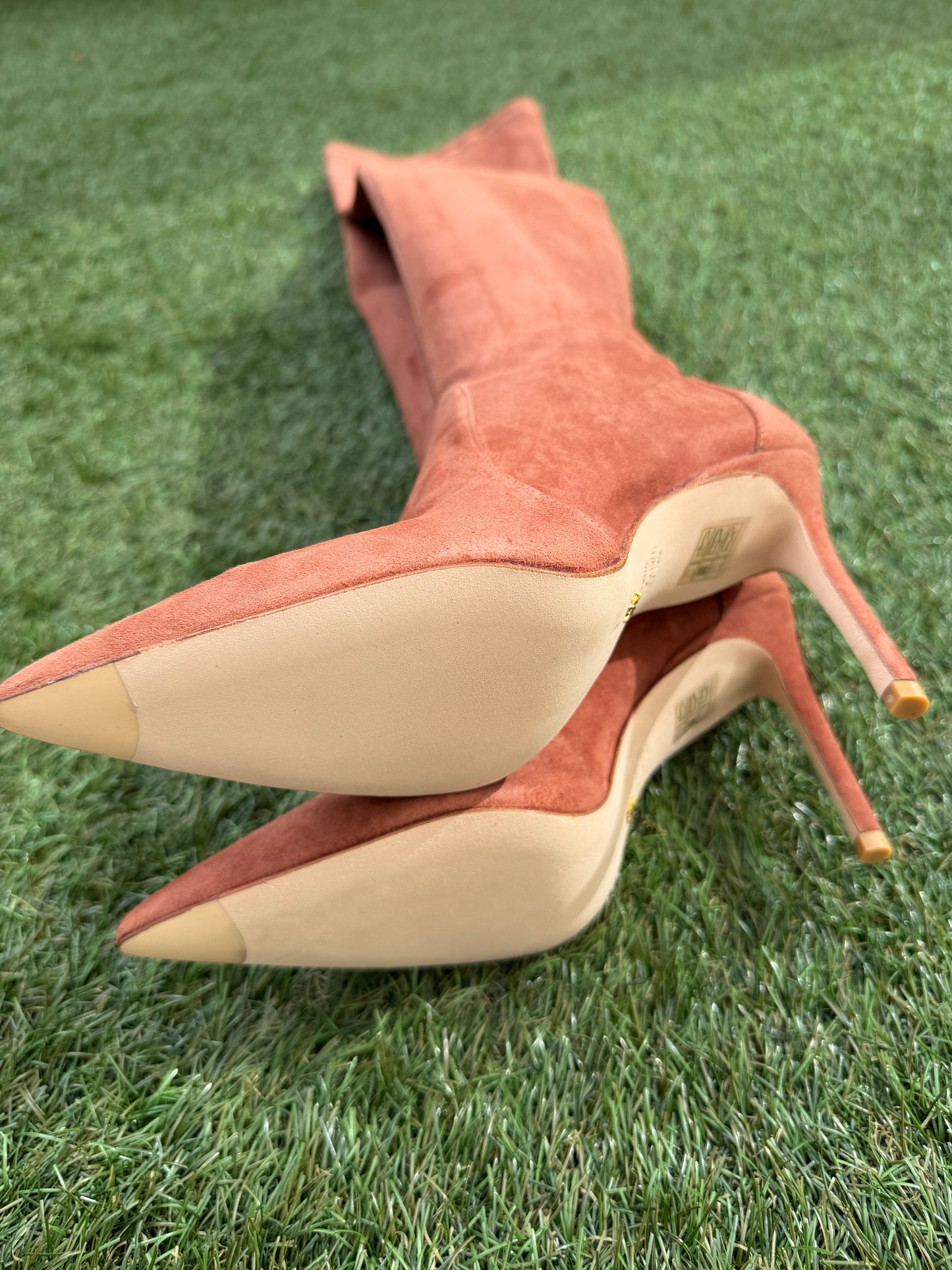 STUART WEITZMAN ULTRASTUART 100 CAPPUCCINO SUEDE BROWN STRETCH POINT TOE OVER KNEE BOOTS