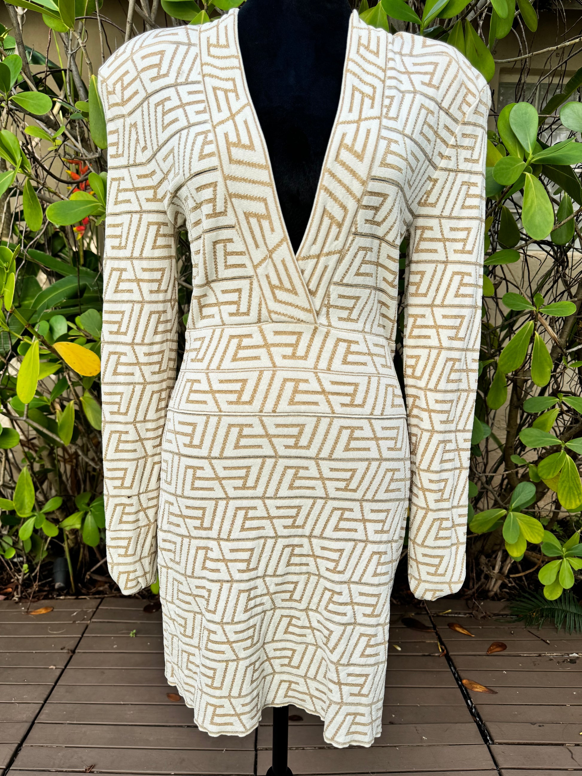 Balmain Natural Beige Gold V-neck Monogram Knitted Jacquard Mini Dress Miami Lux Boutique Balmain Natural Beige Gold V-neck Monogram Knitted Jacquard Mini Dress Miami Lux Boutique
