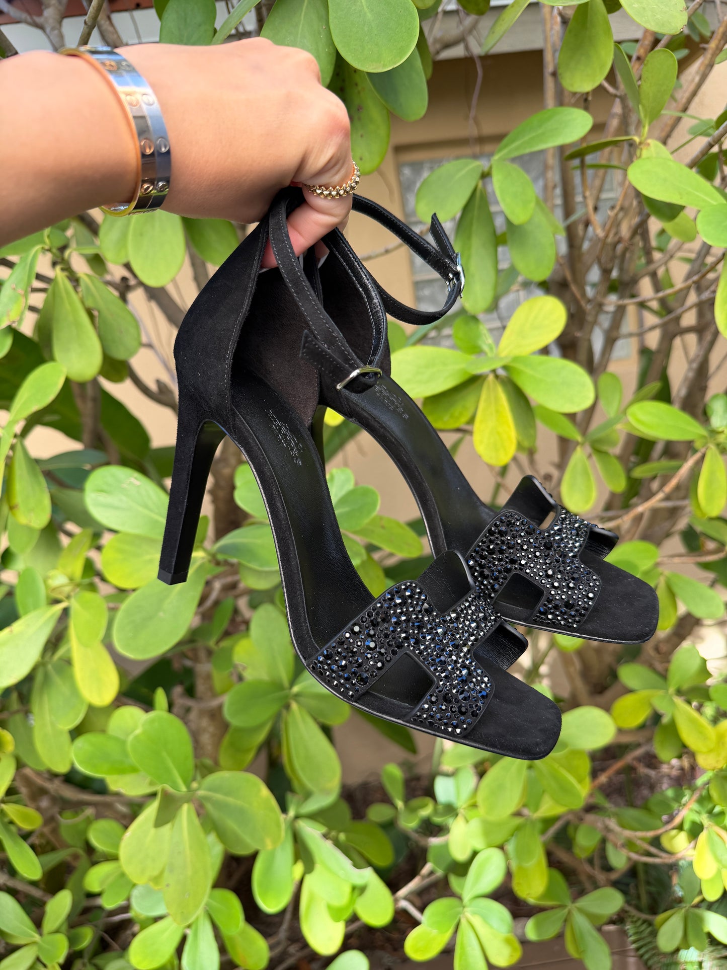 Hermes Joy 105 Noir Black Suede Crystal Strass Ankle Strap Sandal Heels