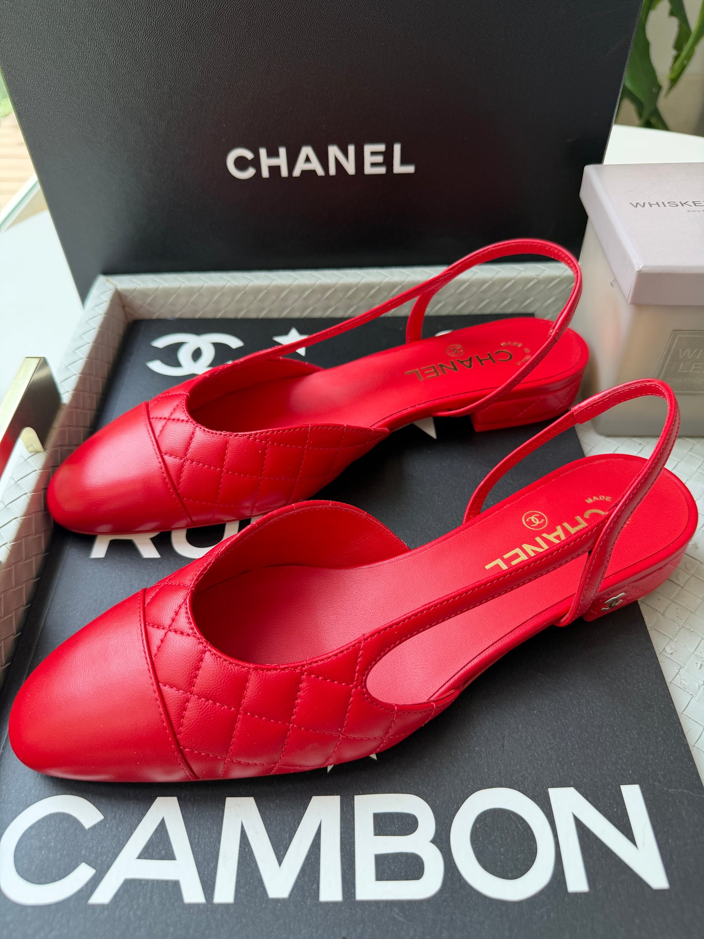 Chanel 26B Red Agneau Rouge Quilted Lambskin Leather Slingback Sling CC Flats