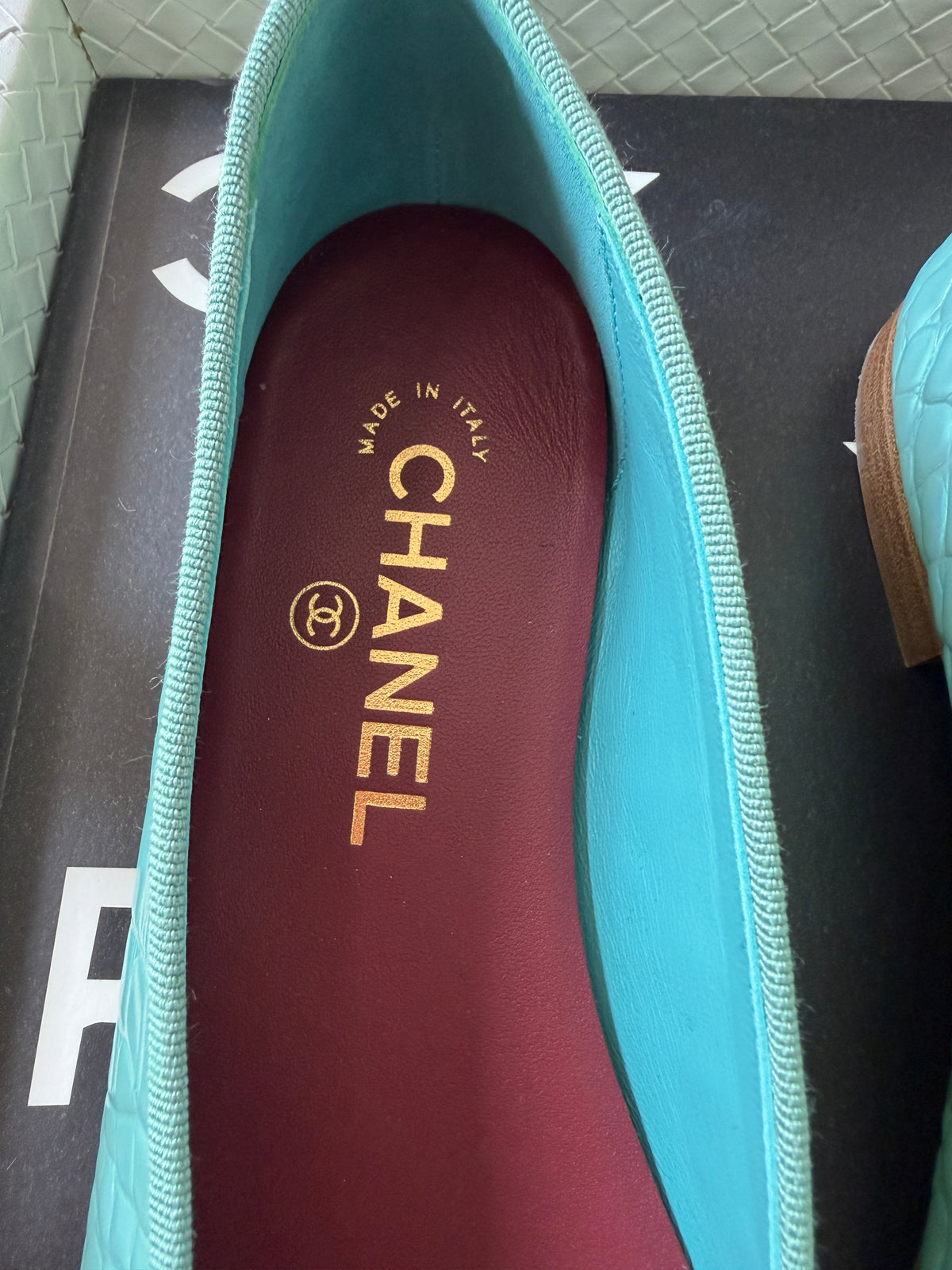 Chanel Green Vert Crocodile Croc Embossed Iridescent Cap Toe Ballet Ballerina Flats