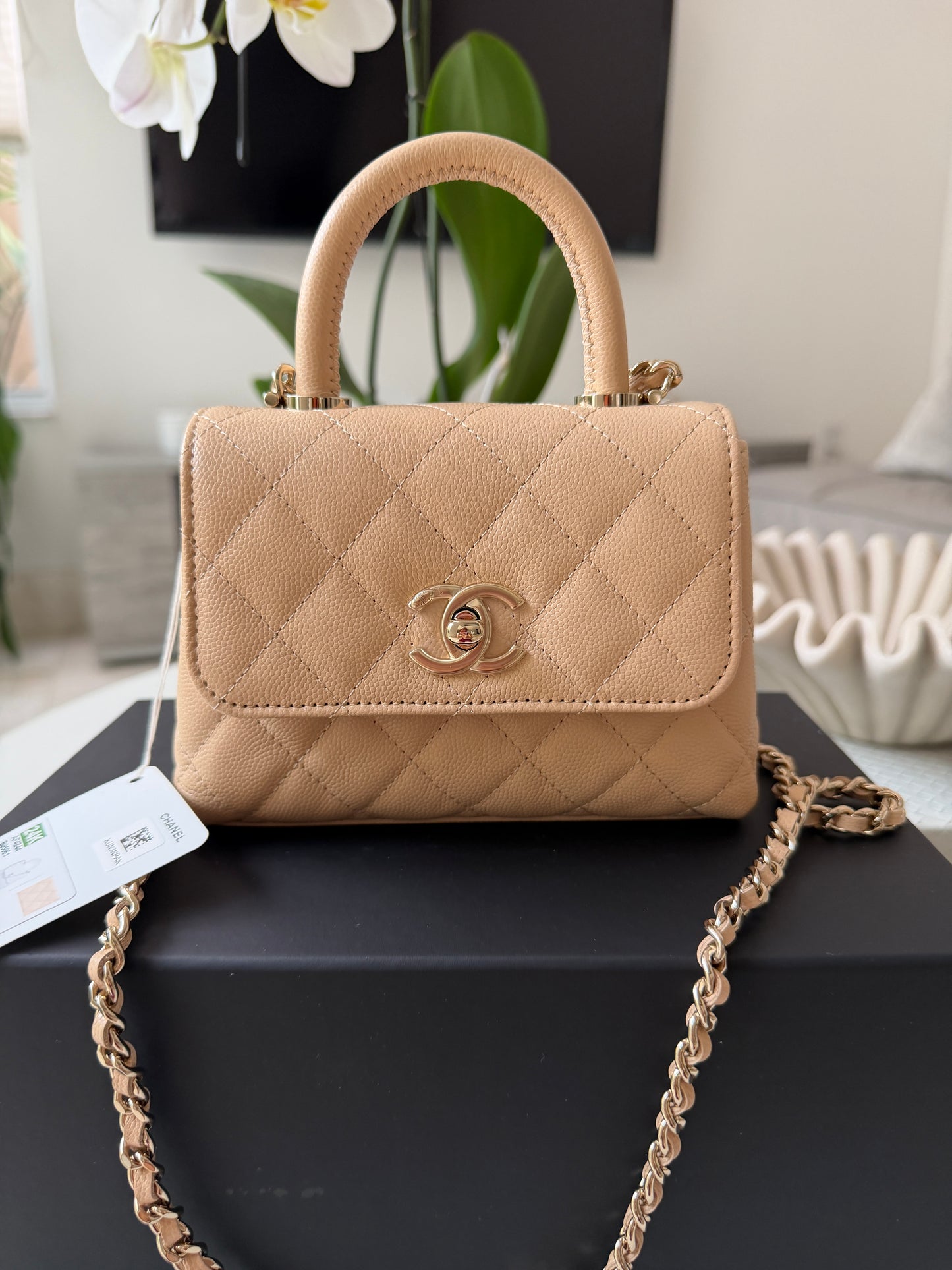 Chanel 24K AP4244 Micro Coco Handle Extra Mini Classic Flap Bag Beige Caviar Clutch with Chain Gold HW