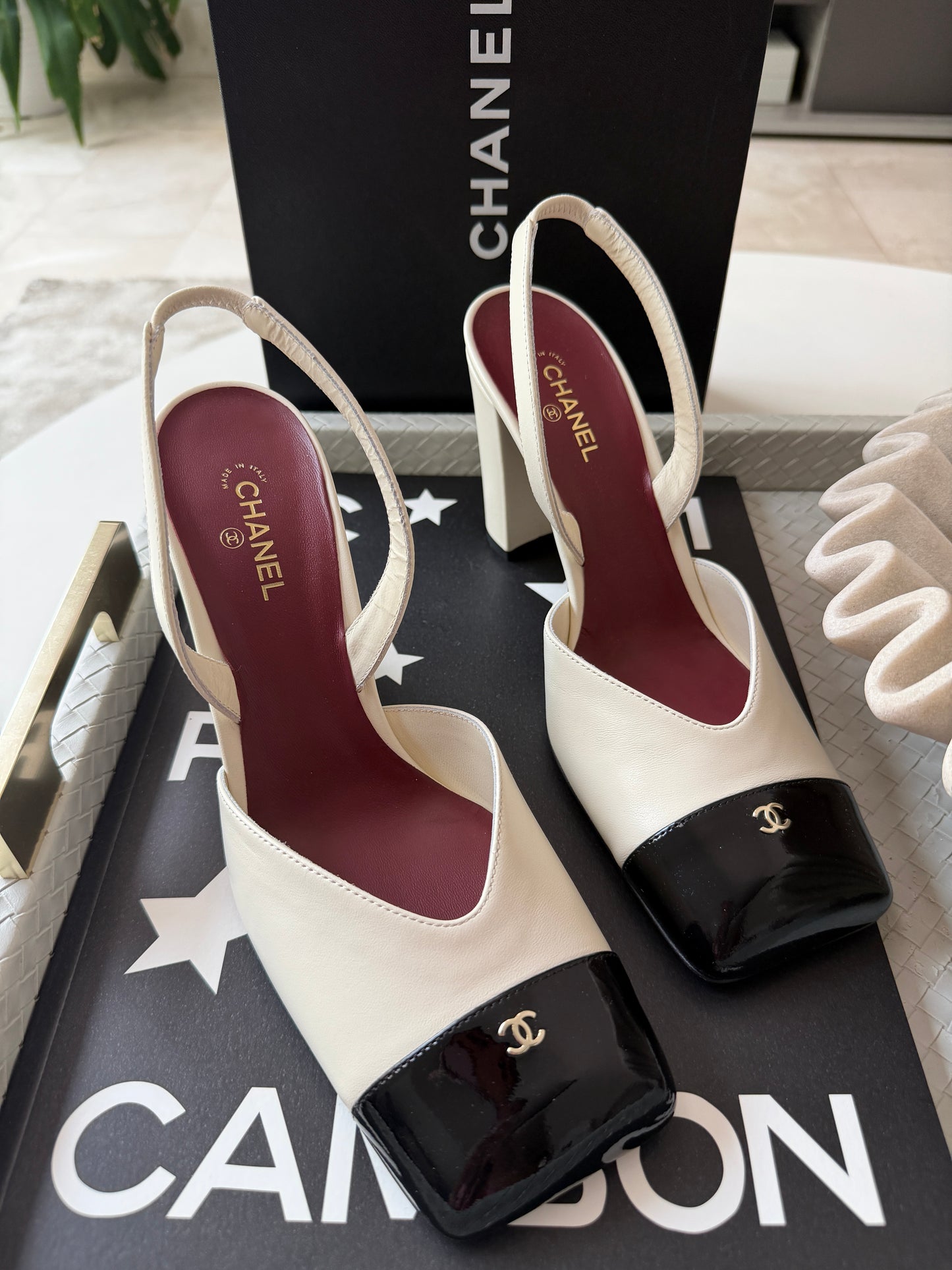 Chanel 26S Blazy Ivory Ecru Black Square Cap Toe Sling CC Slingback Chunky Heel Pumps