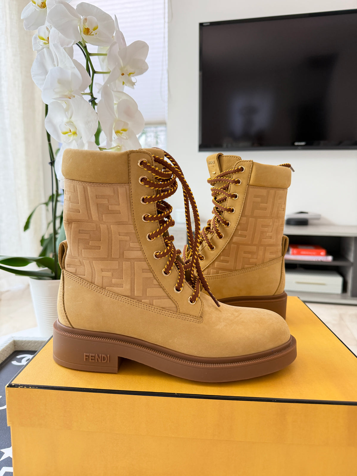 Fendi Filo Beige Nubuck FF Embossed Logo Lace Up Tie Combat Ankle Biker Boots