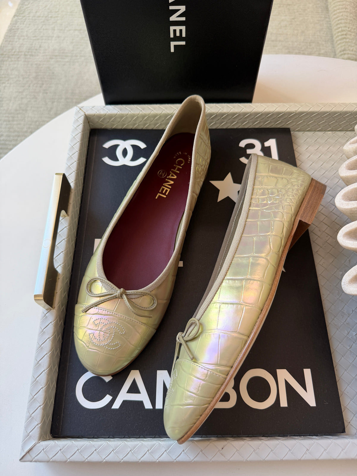 Chanel 26K Yellow Crocodile Croc Embossed Iridescent Cap Toe Ballet Flats