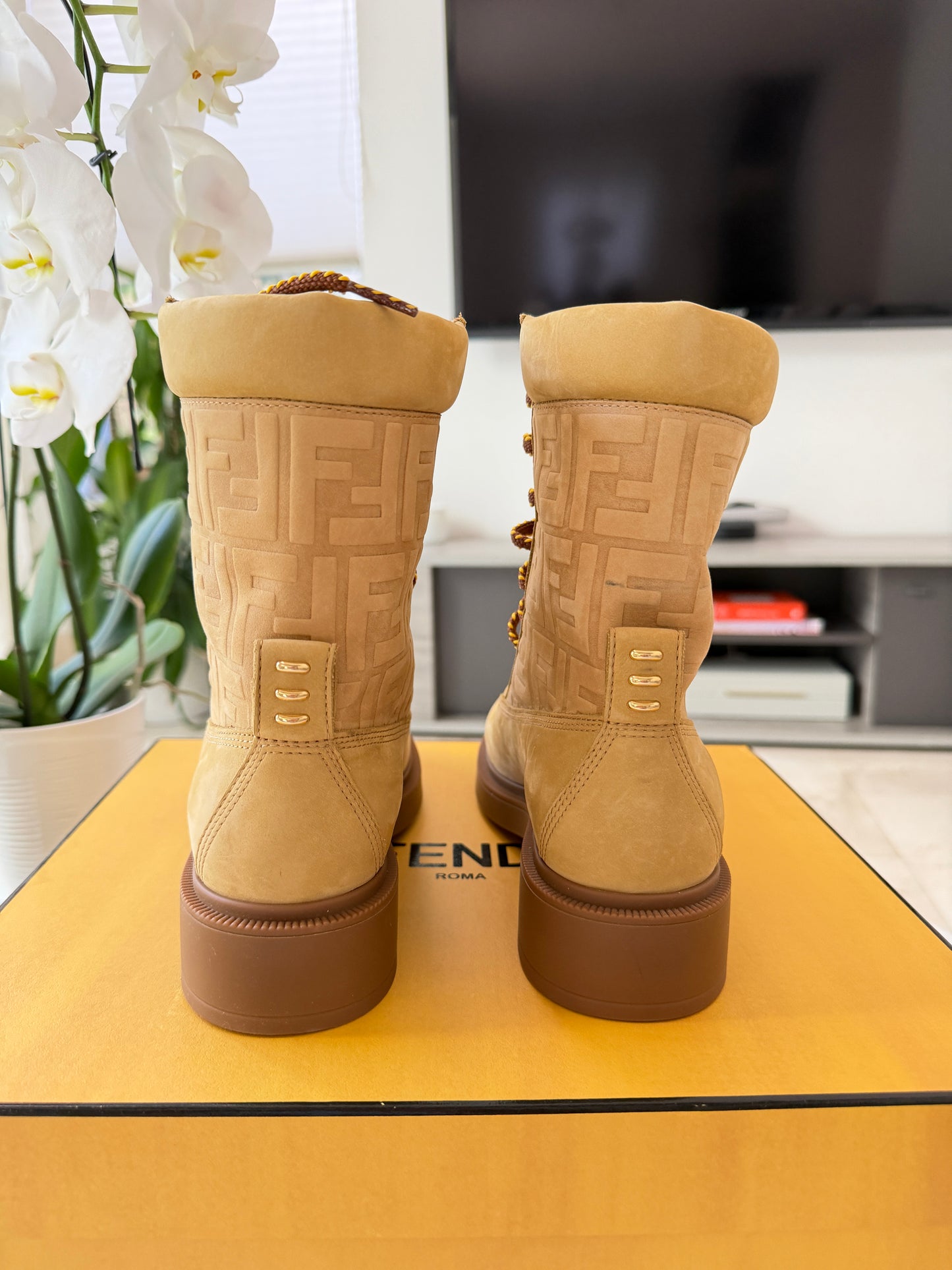 Fendi Filo Beige Nubuck FF Embossed Logo Lace Up Tie Combat Ankle Biker Boots