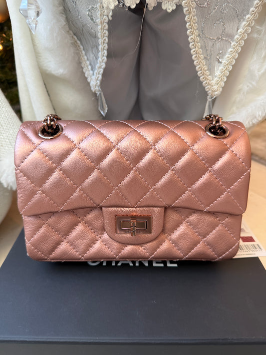 2021A CHANEL MINI REISSUE 2.55 ROSE GOLD COPPER GOATSKIN LEATHER FLAP LEATHER BAG CHAIN CROSS BODY