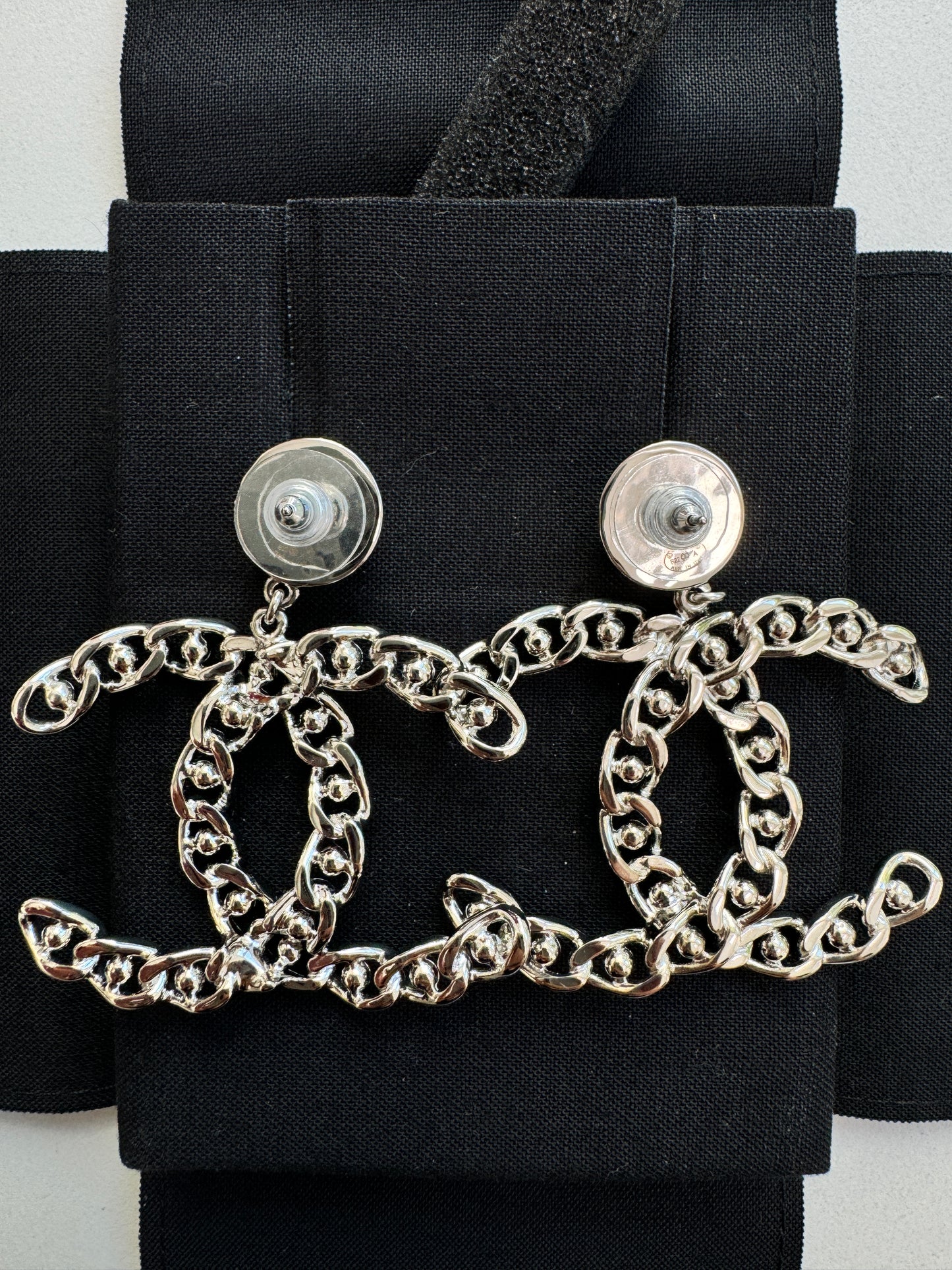 Chanel 22A CC Logo Silver Chain Chained Stud Big Large Drop Dangle Earrings