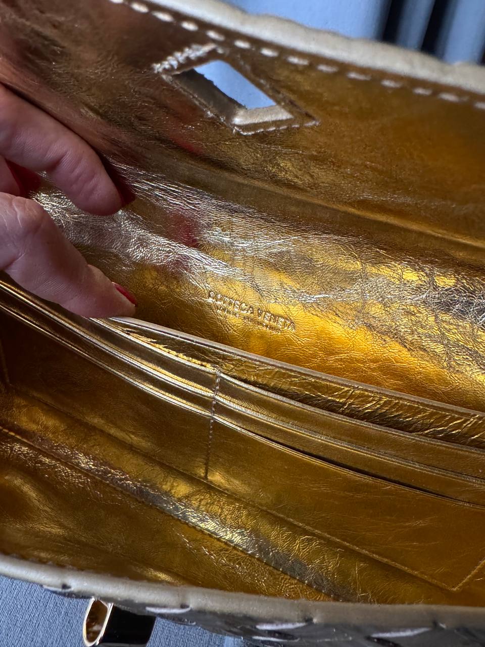 Bottega Veneta Andiamo Gold Metallic Bark Calfskin Top Handle Clutch Handbag Purse