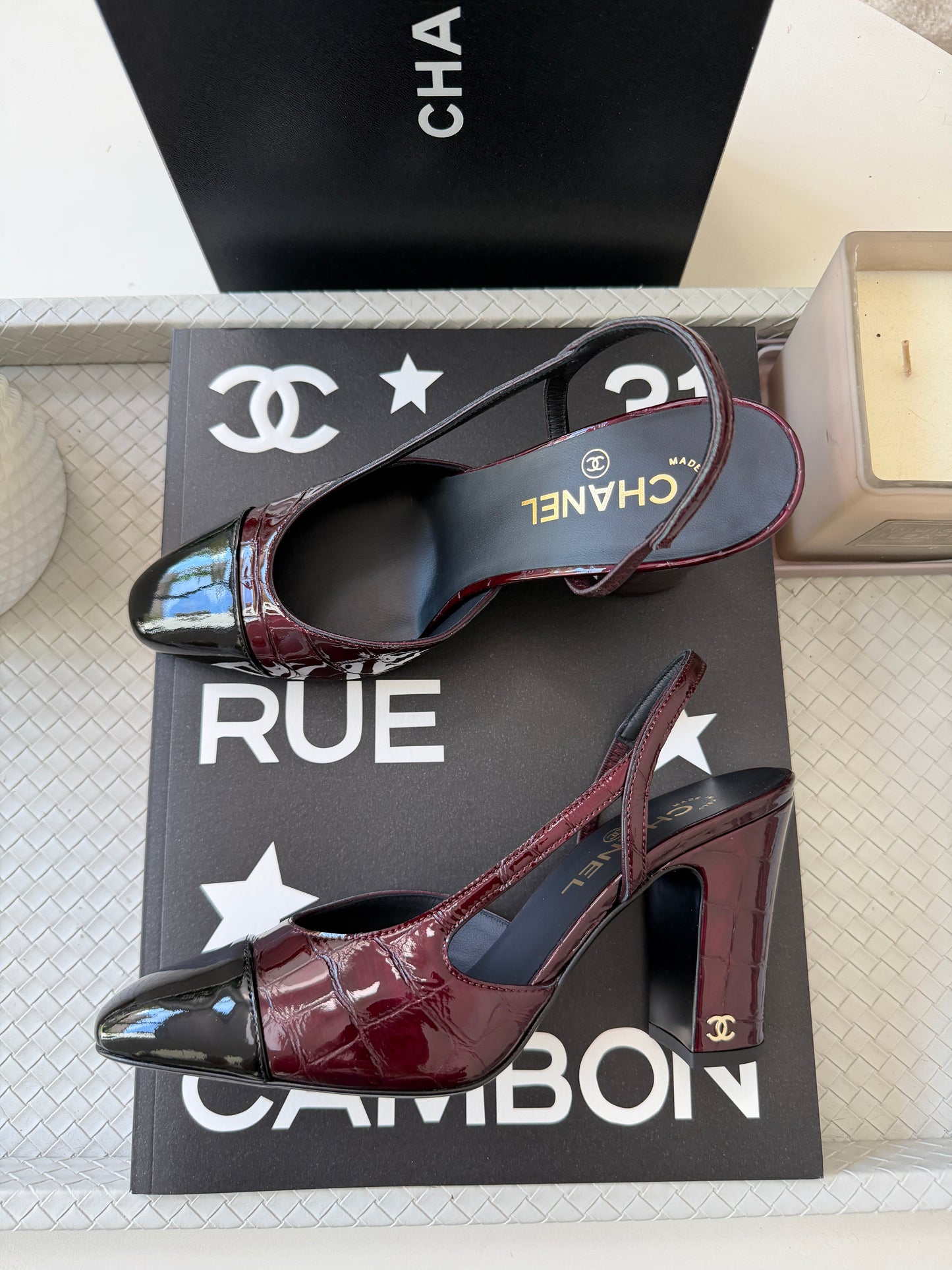 Chanel 26A Coco Sling Burgundy Bordeaux Fonce Croc Embossed Patent Leather Slingback Metiers Dart Pumps Heels