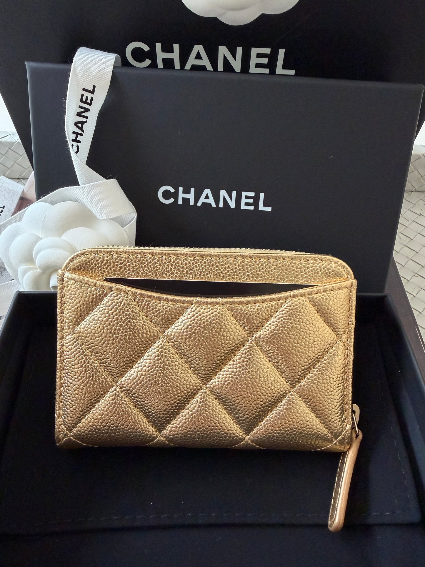 Chanel 26 Classic Zipped Zip Coin Purse Caviar Leather Gold Dore Metallic Wallet