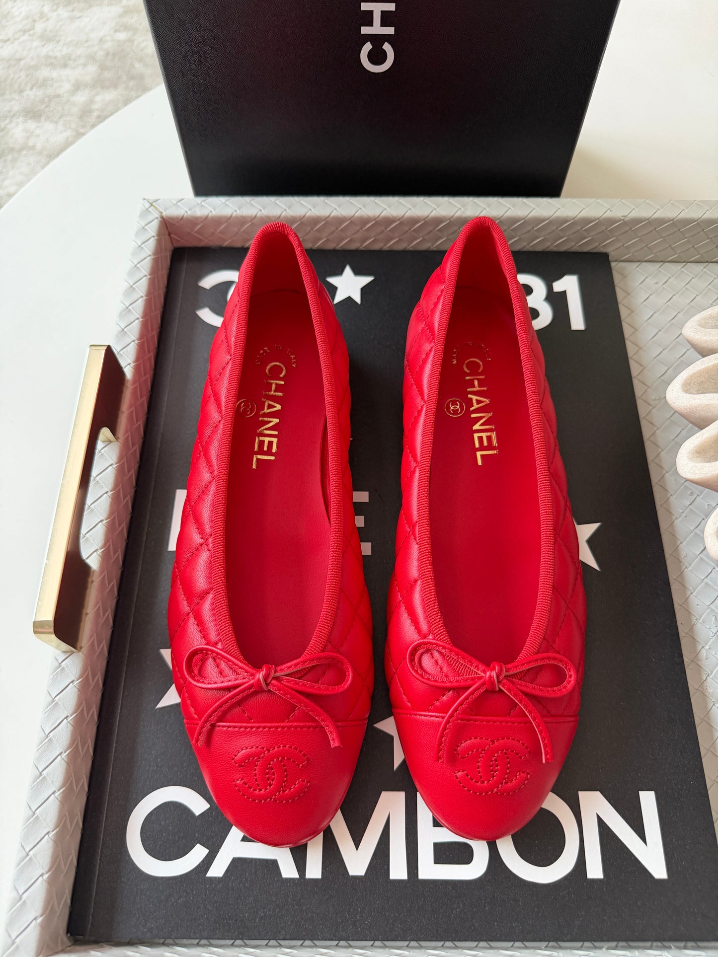 Chanel 26B Blazy Lambskin Leather Quilted Red Agneau Rouge CC Logo Ballet Ballerina Flats