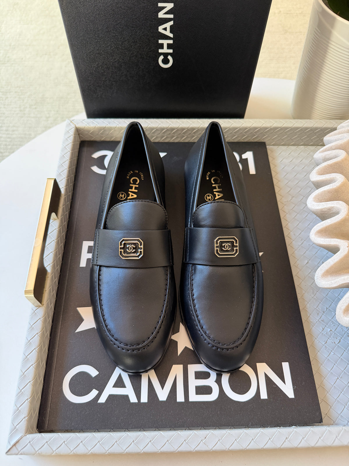 Chanel 2024 Classic Lambskin Leather Black Enamel CC Logo Moccasins Loafers Flats Shoes