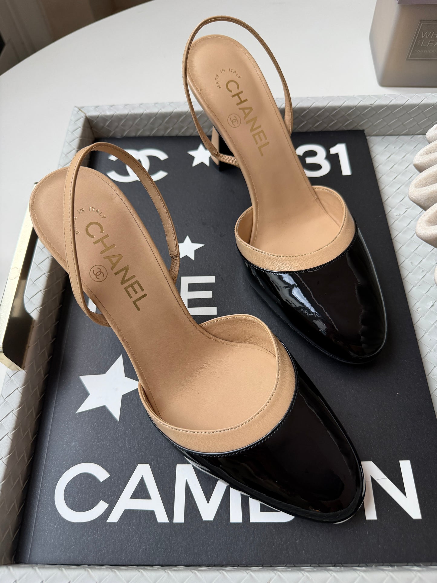 Chanel SS26 Beige Black Lambskin Patent Calfskin Leather Classic Slingbacks Pumps Heels