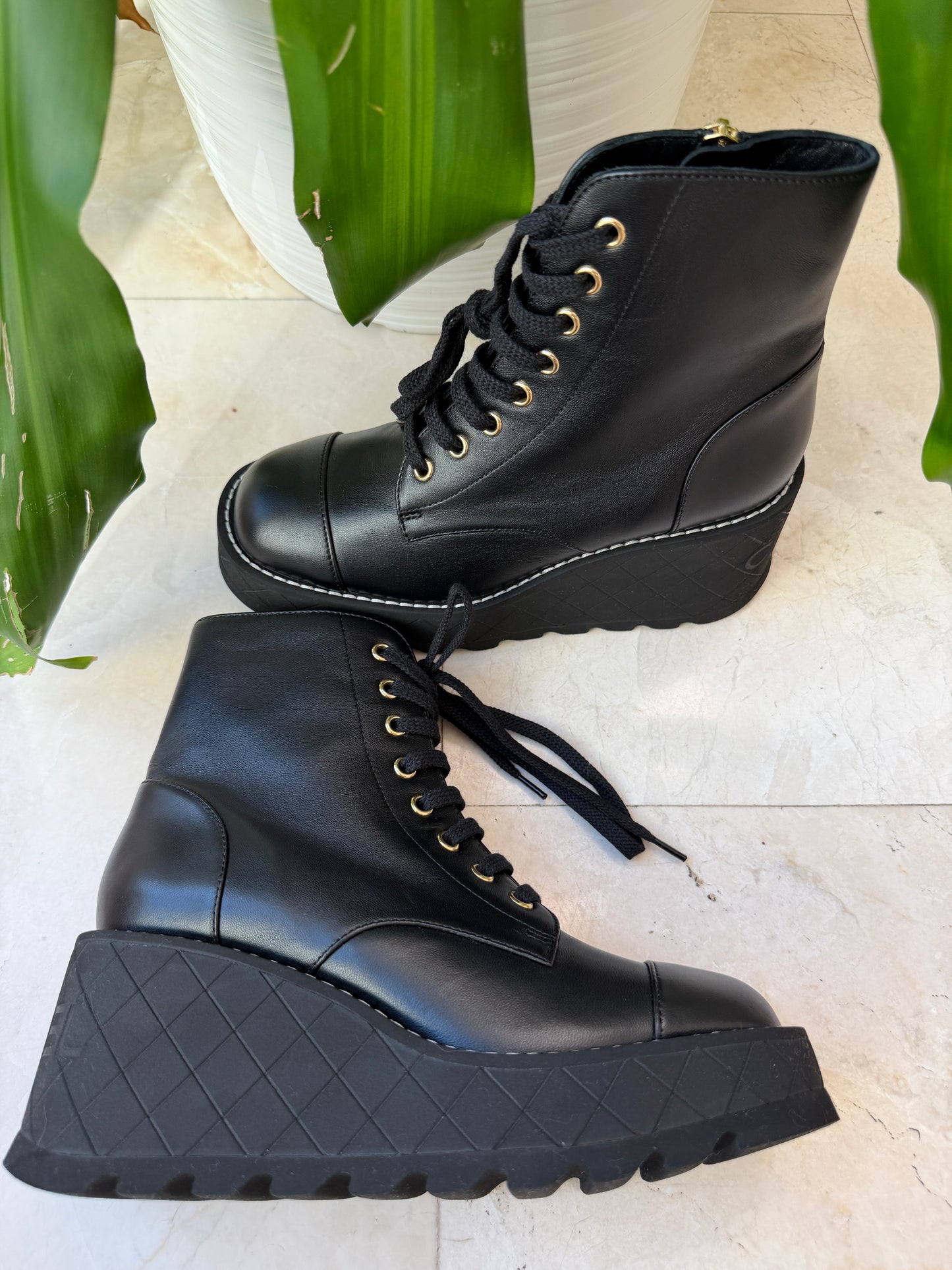 Chanel 2024 Platform Interlocking CC Logo Combat Wedge Lambskin Lace Up Ankle Boots