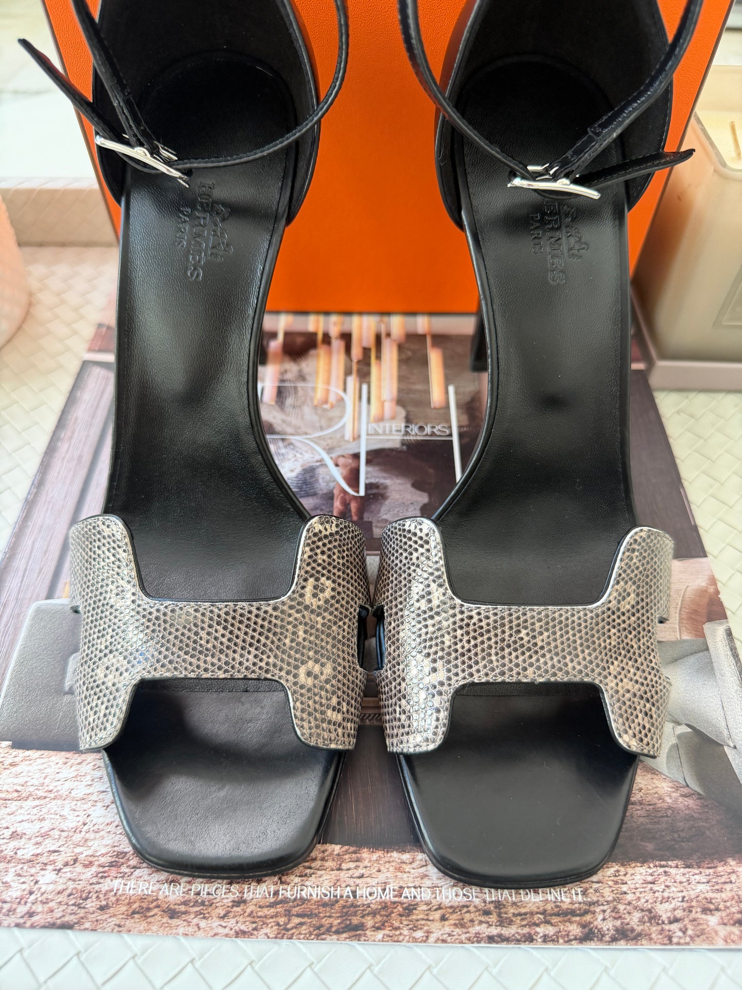 Hermes Joy 105 Ombré Noir Black Natura Lizard Calfskin Leather Ankle Strap Heels