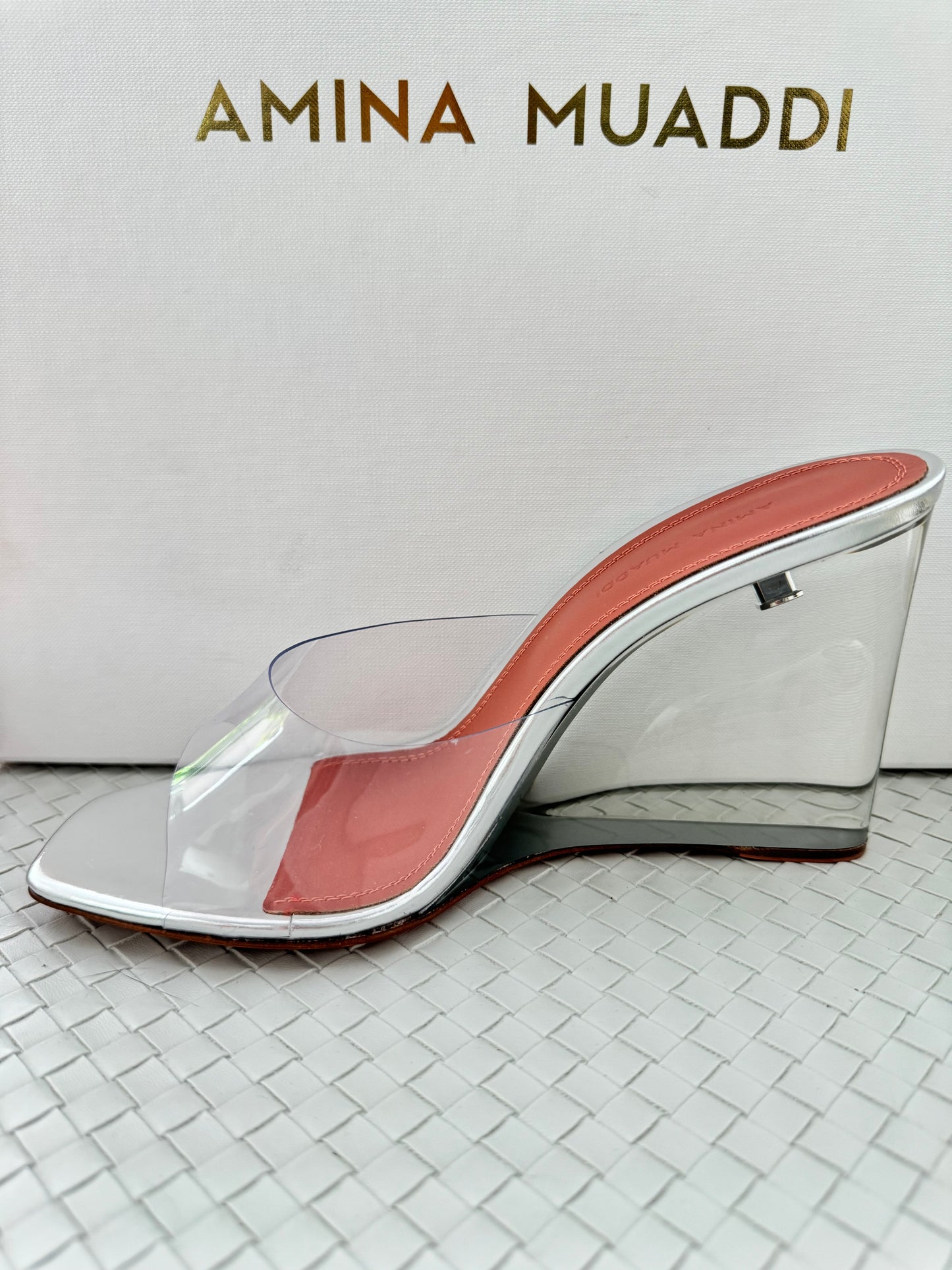 Amina Muaddi Lupita Glass Wedge PVC Clear Silver Mule Sandals Heel Shoes