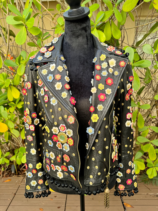 Moschino Spring 2010 Biker Black Leather Jacket Grommet Flowers Appliqué pre-owned