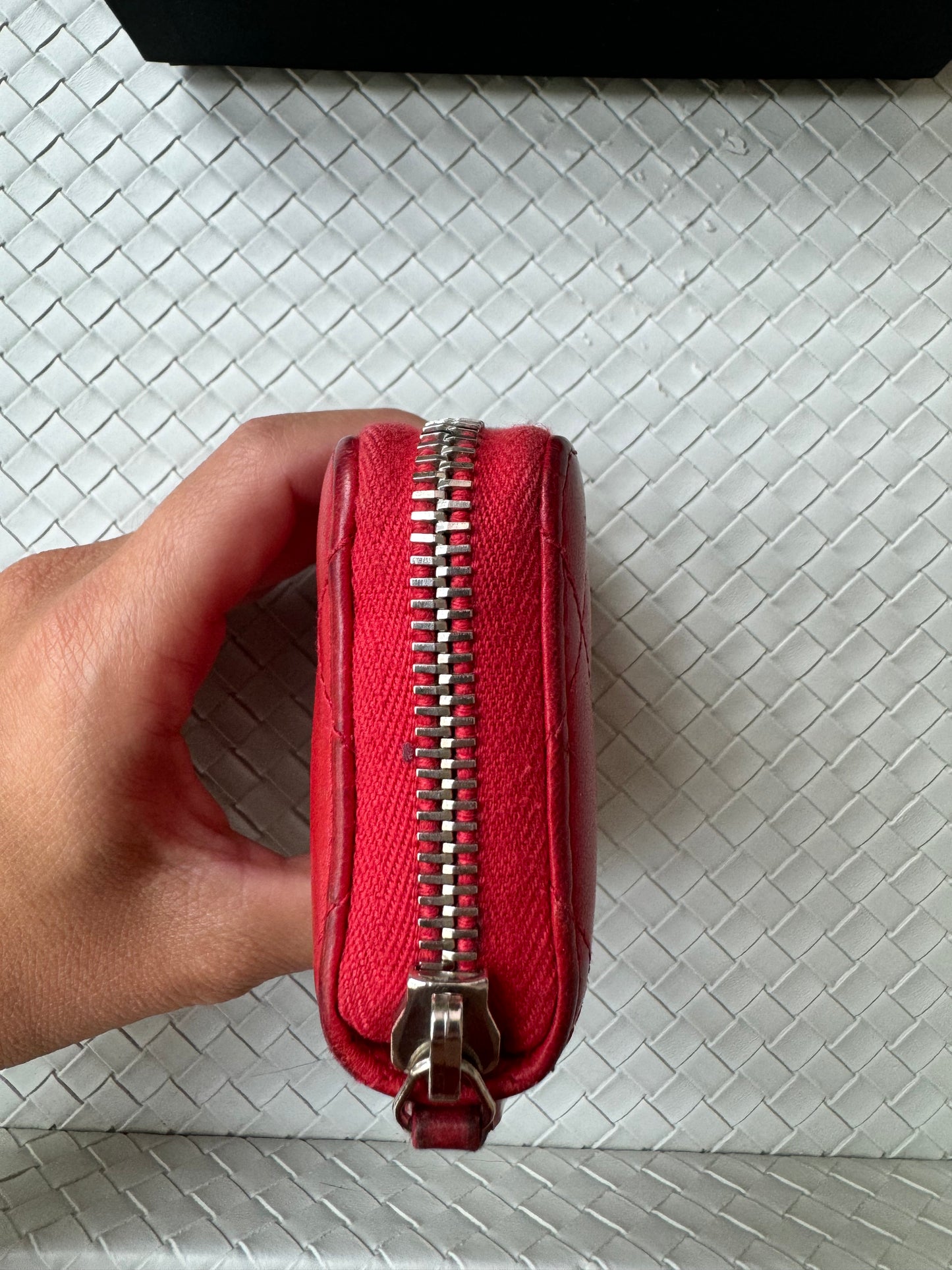 Chanel CC Lambskin Coin Holder Mini Wallet Card Case Matelasse Red Zip Quilted Pre-Owned