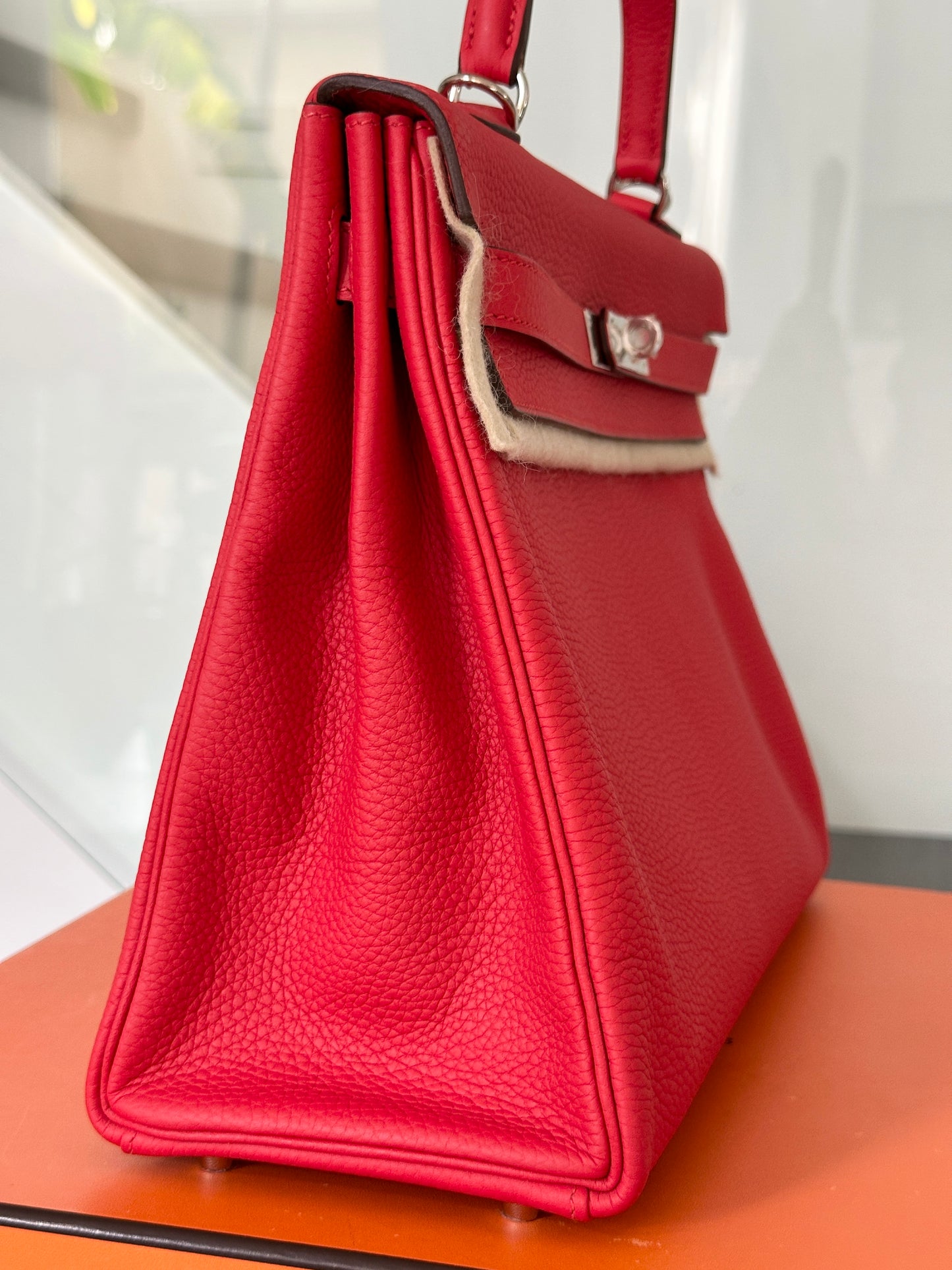 Hermes Kelly 35 Rouge Tomate Red Retourne Togo Leather Palladium Hardware PHW Bag Handbag