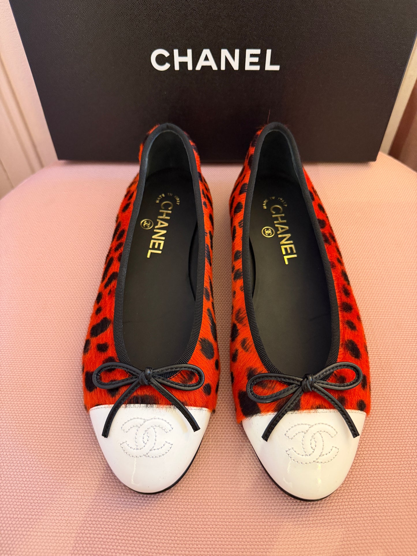 Chanel MÉTIERS D’ART 26 Red Orange Black White Pony Hair Animal Print Ballet Flats