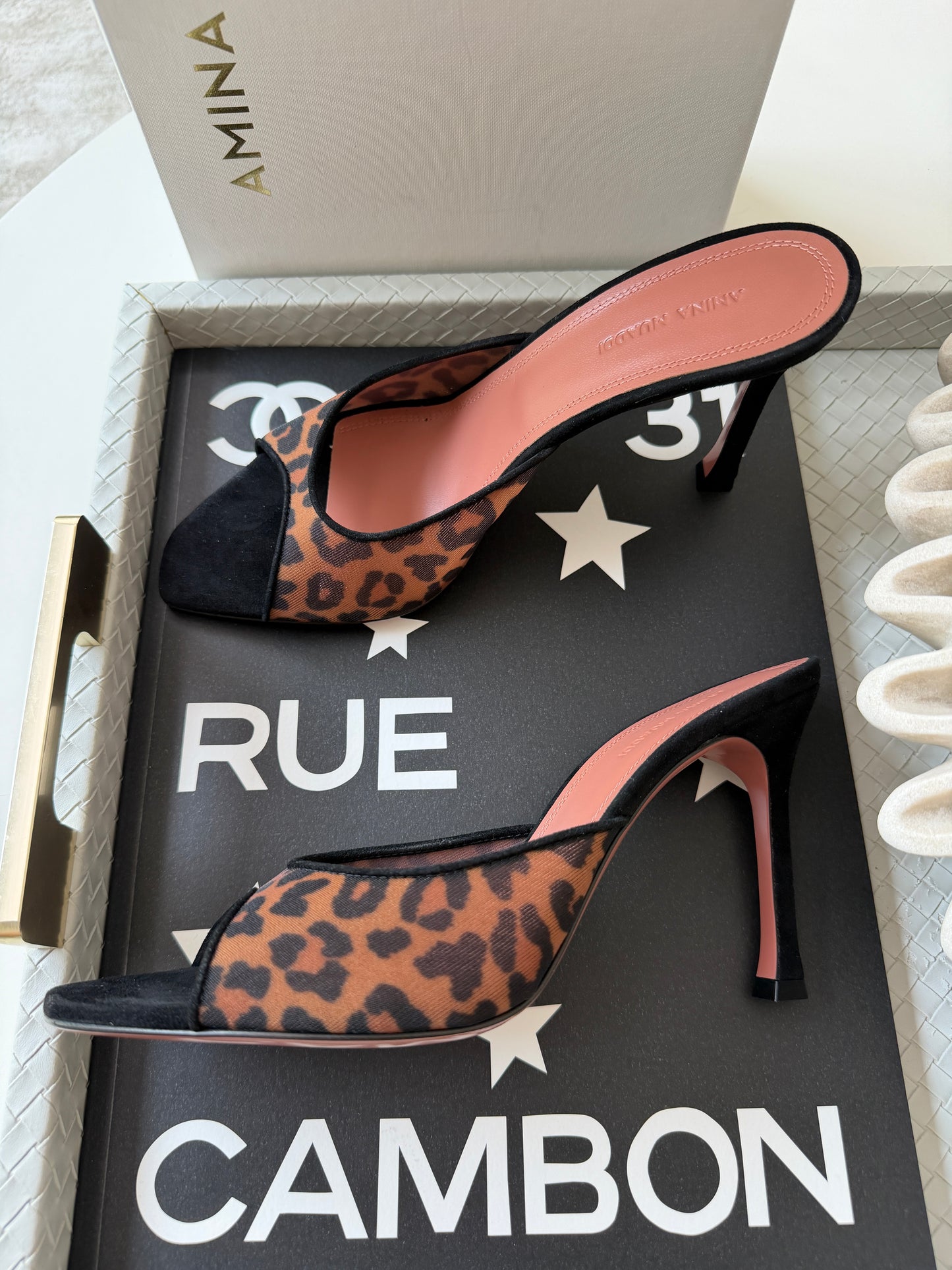 Amina Muaddi 95mm Alexa Black/Brown Leopard Print Mesh Mules Pumps Slides Animal Print Nylon Mule