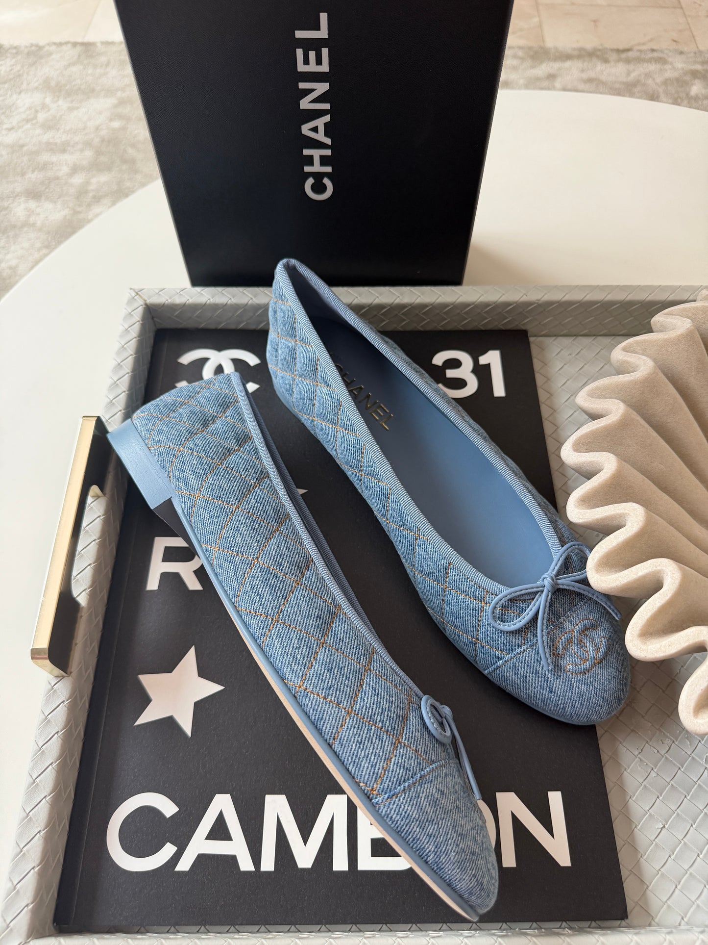 Chanel 26B Blazy Quilted Denim CC Logo Ballet Flats Light Blue Jean Ballerina