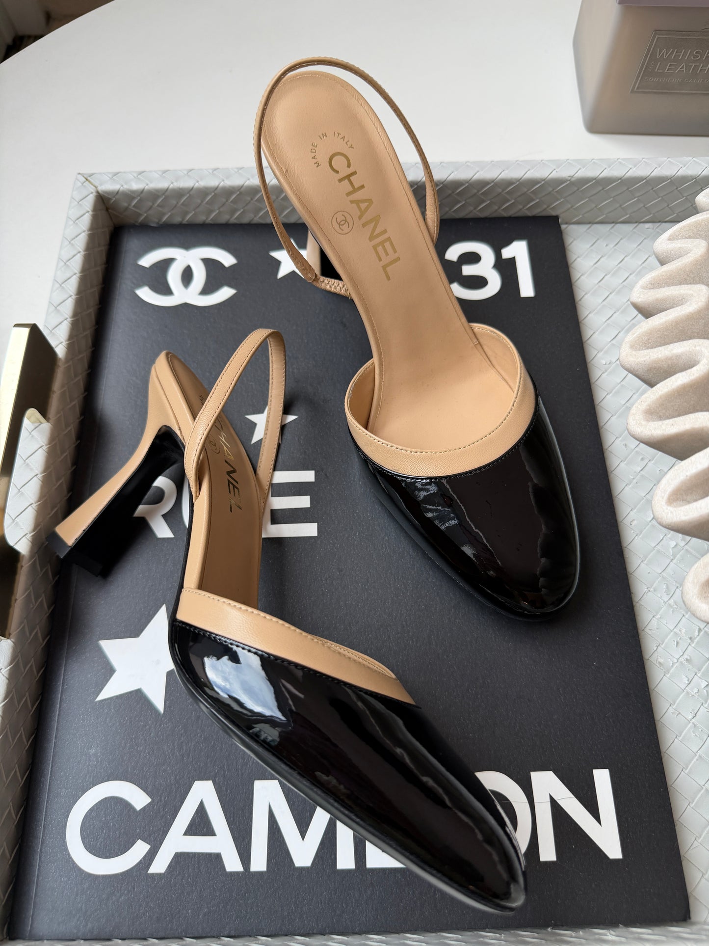 Chanel SS26 Beige Black Lambskin Patent Calfskin Leather Classic Slingbacks Pumps Heels