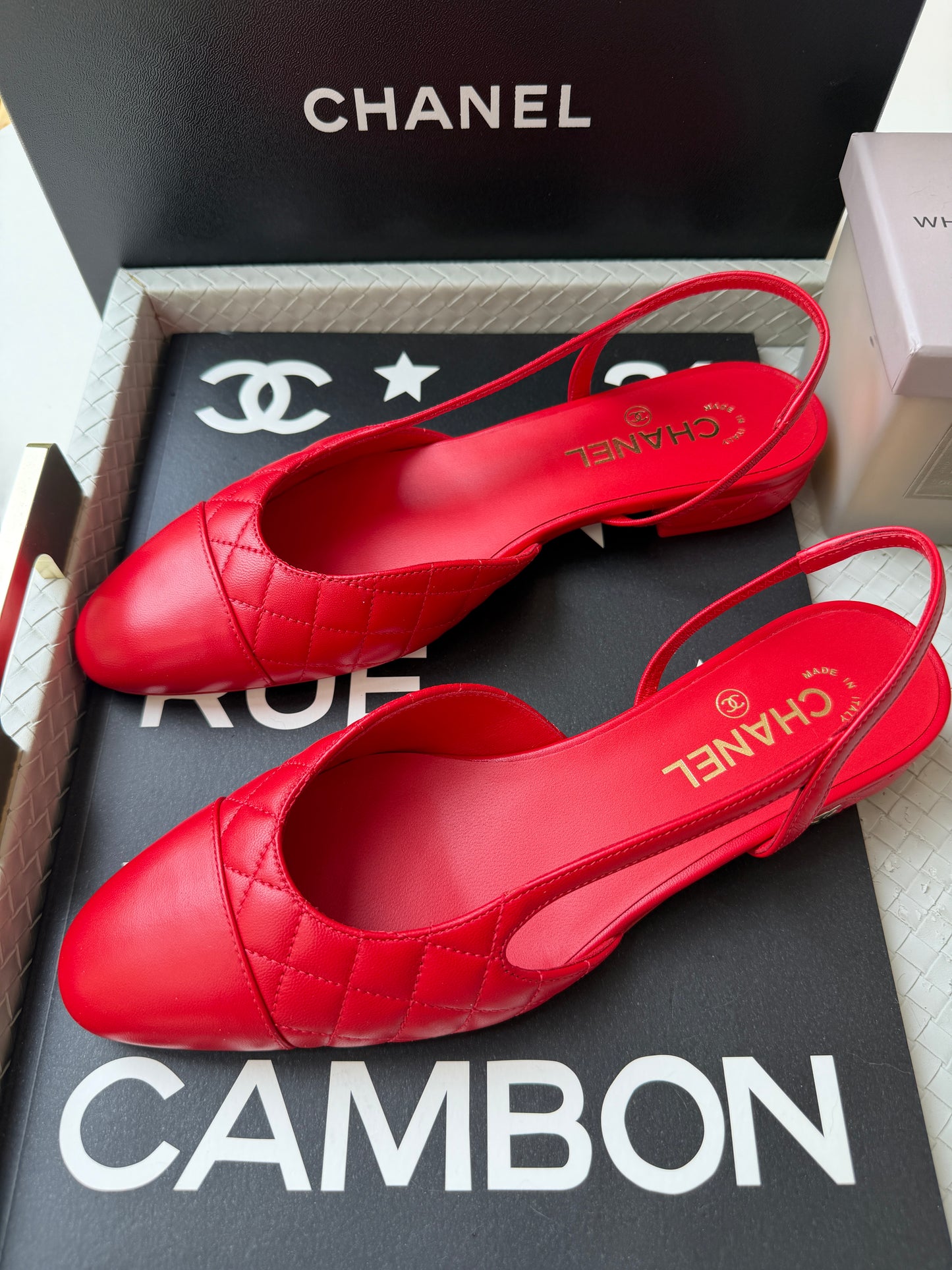 Chanel 26B Red Agneau Rouge Quilted Lambskin Leather Slingback Sling CC Flats