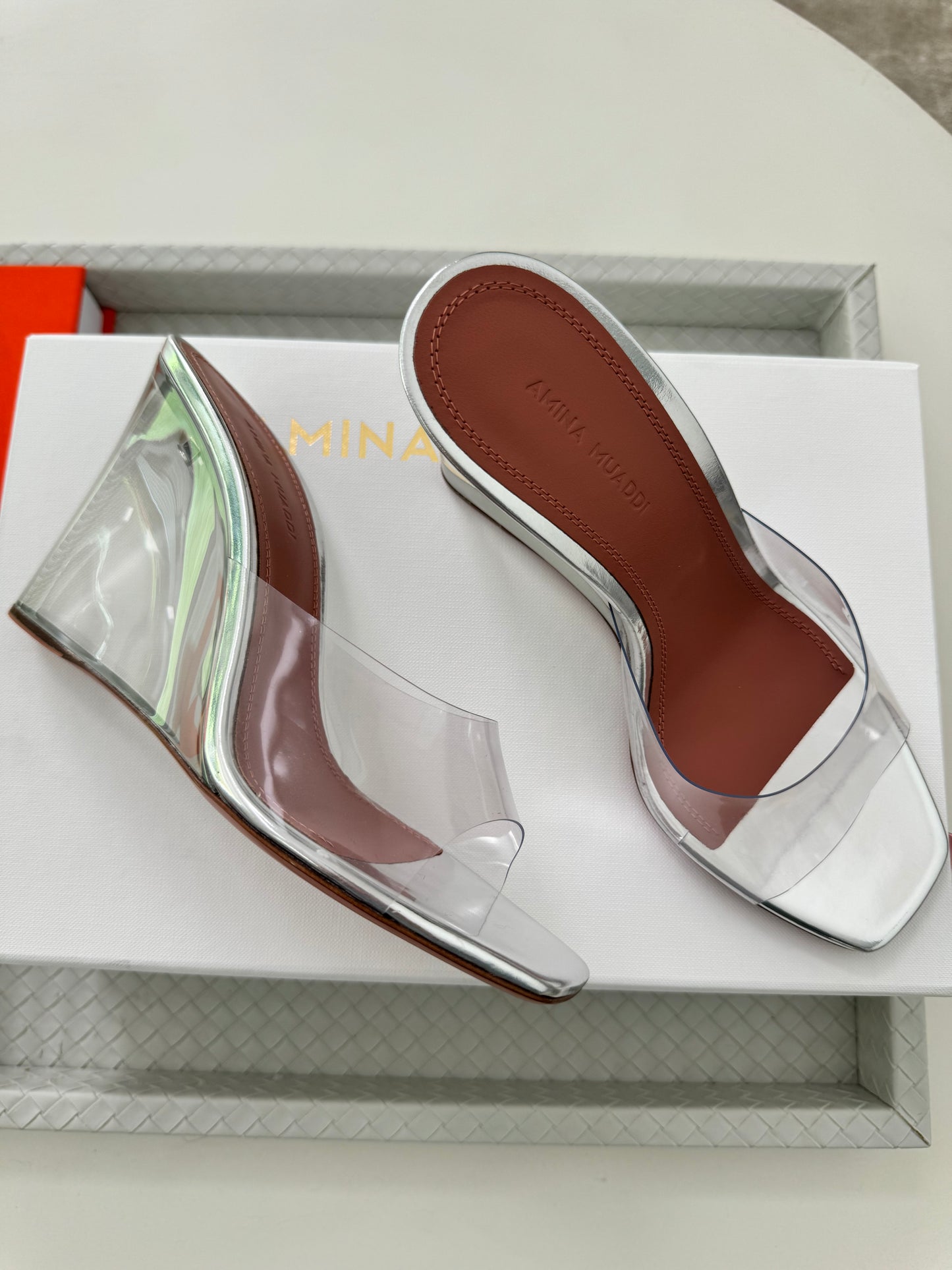 Amina Muaddi Lupita Glass Wedge PVC Clear Silver Mule Sandals Heel Shoes