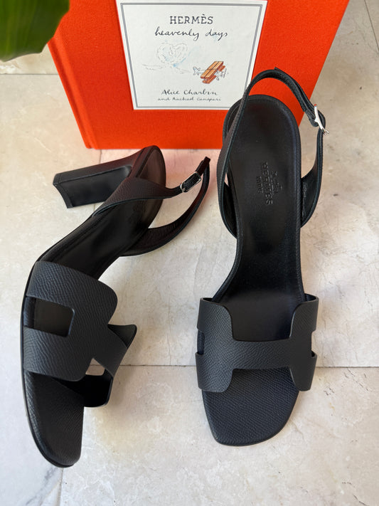 HERMES ETERNITE 80 SANDALS BLACK NOIR EPSOM HIGH HEELS SLINGBACK SHOES