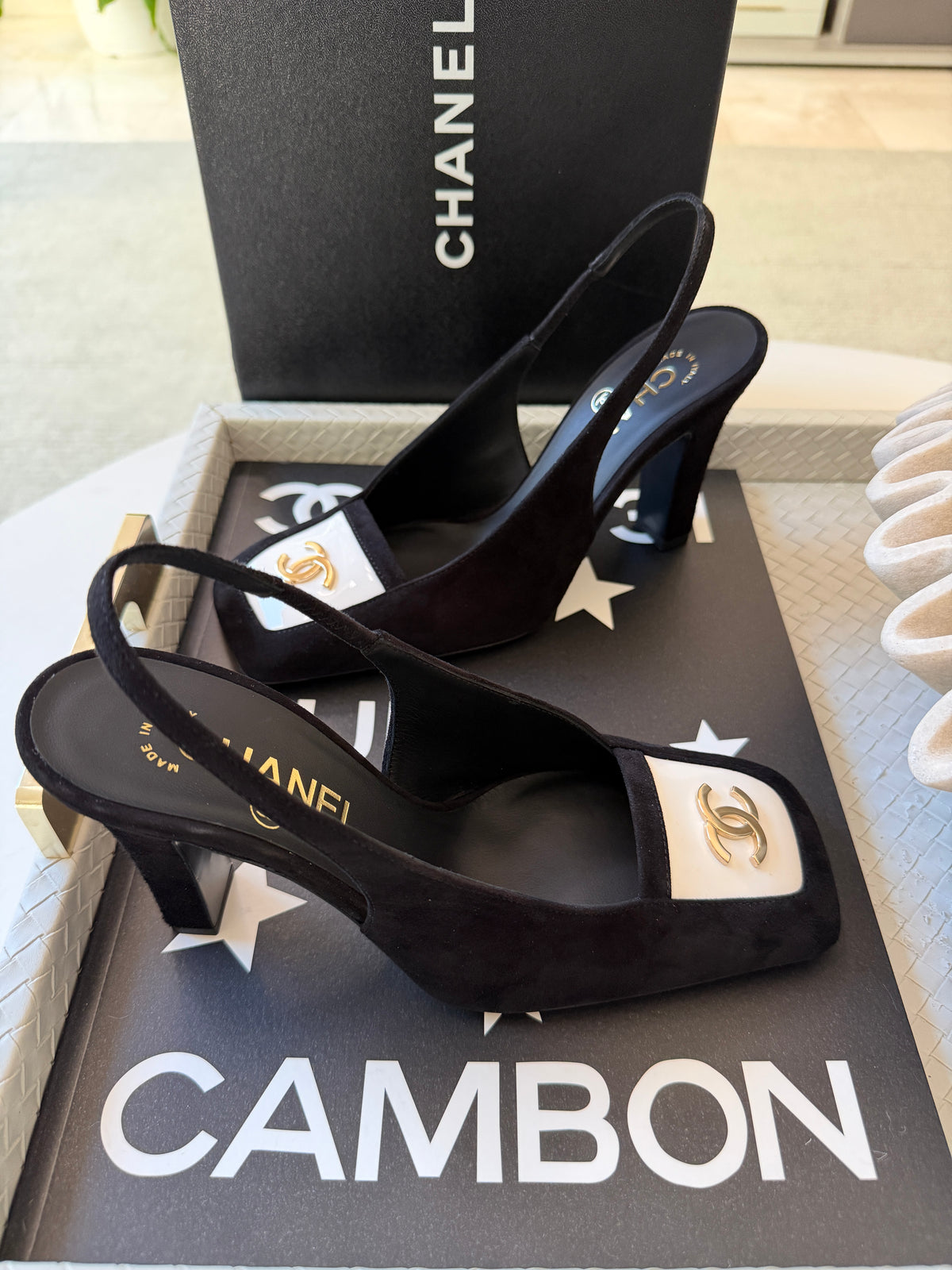 Chanel 26K Blazy Black Suede White Square Toe CC Slingback Sling Heel Pumps Heels