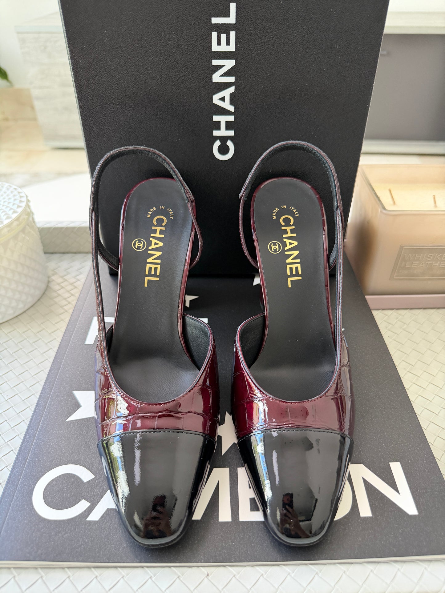 Chanel 26A Coco Sling Burgundy Bordeaux Fonce Croc Embossed Patent Leather Slingback Metiers Dart Pumps Heels