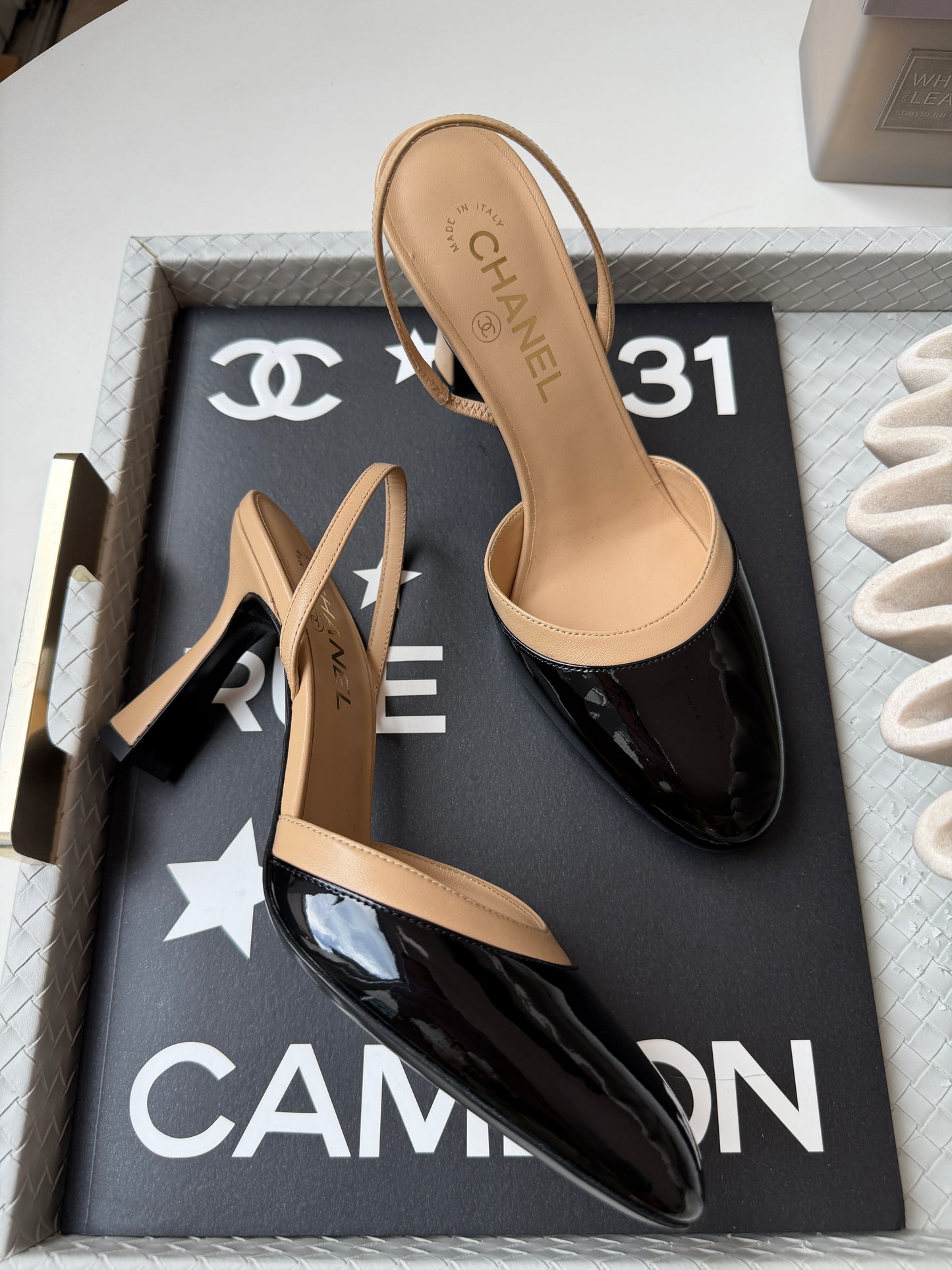 Chanel SS26 Beige Black Lambskin Patent Calfskin Leather Classic Slingbacks Pumps Heels