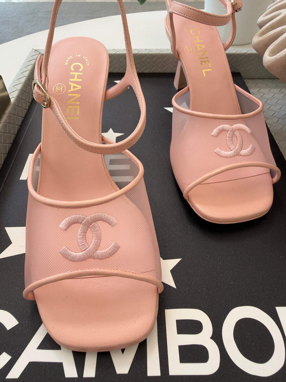 CHANEL 26 BLAZY LIGHT PINK MESH LAMBSKIN OPEN TOE CC LOGO SANDALS HEELS SHOES